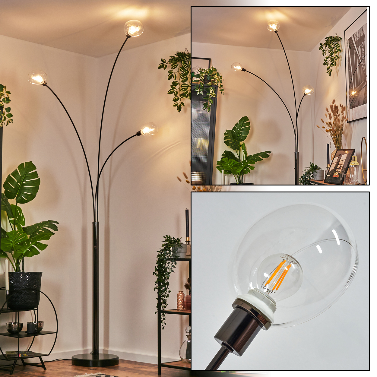 Eine moderne Stehlampe mit vier gebogenen Armen, die jeweils eine runde Glaskugel halten. Die Lampe steht in einem Raum mit Pflanzen und Regalen.