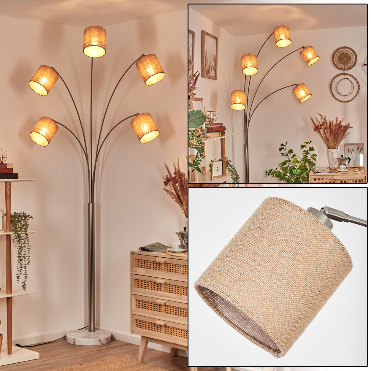 Eine Stehlampe mit sieben Lampenschirmen, beige. Die Basis ist weißer Marmor. Im Hintergrund ein Holzschrank und andere Dekorationselemente.