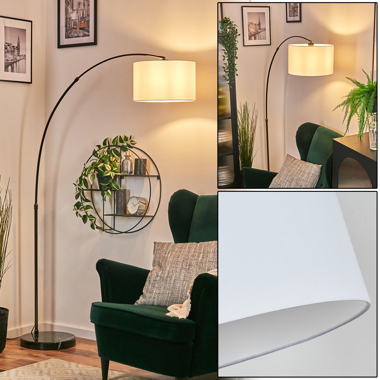 Ein modernes Wohnzimmer mit grünem Sessel, Stehlampe und Wandkunst. Ein rundes Regal mit Dekoration. Weißer Lampenschirm.