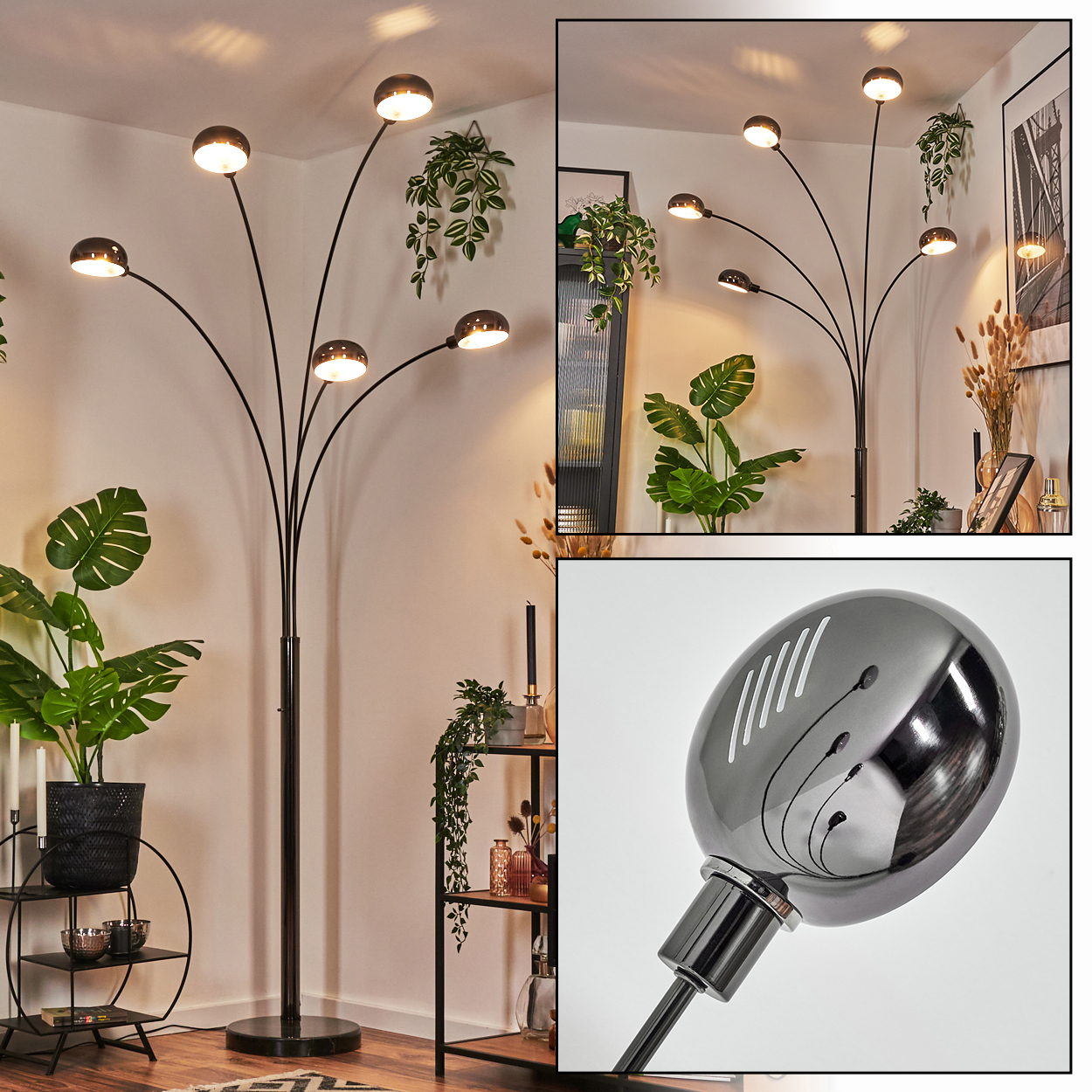 Eine moderne Stehlampe mit mehreren Lichtern und Zimmerpflanzen. Schwarze Metallstruktur mit Lampenschirmen. Der Hintergrund ist eine weiße Wand.