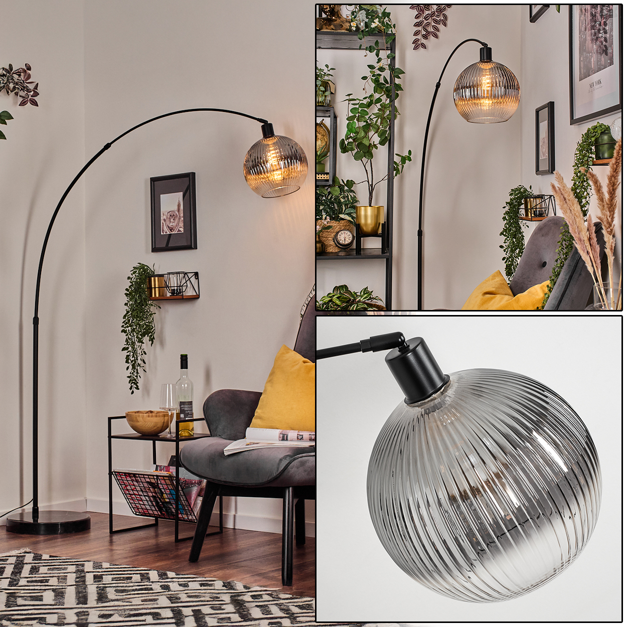 Ein modernes Wohnzimmer mit einer schwarzen Bogenlampe. Ein grauer Sessel mit gelben Kissen im Vordergrund.