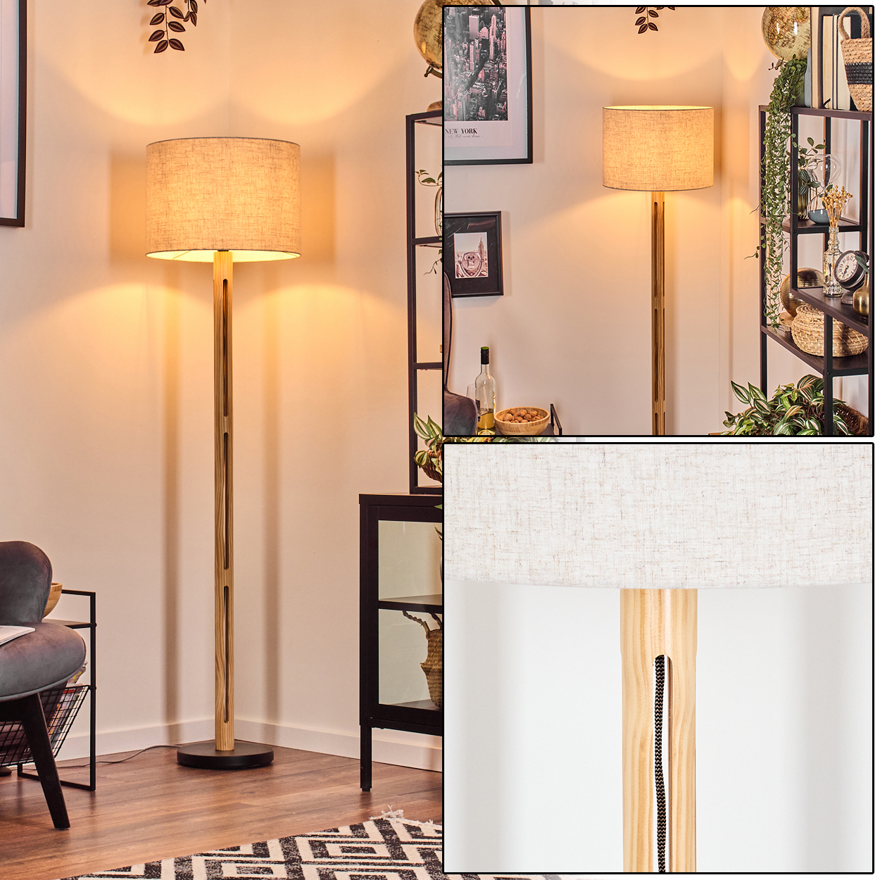 Ein beigefarbener Lampenschirm thront auf einer hölzernen Stehlampe. Im Hintergrund ein Regal mit Dekor und ein schwarzer Schrank.