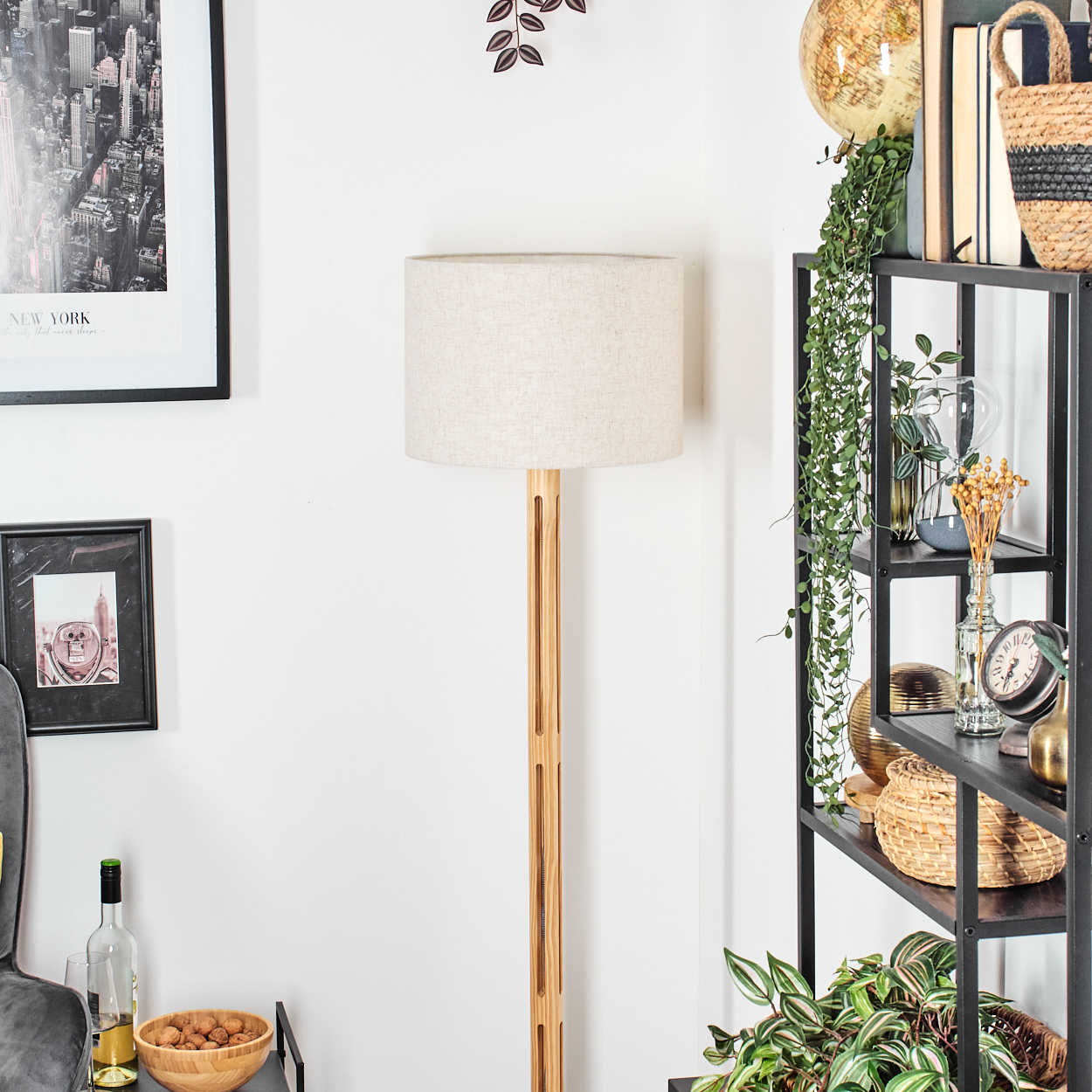 Ein Raum mit Lampe, Regalen und Bildern. Die Regale beherbergen Bücher, Pflanzen und Dekoration. Eine Schüssel Nüsse steht daneben.