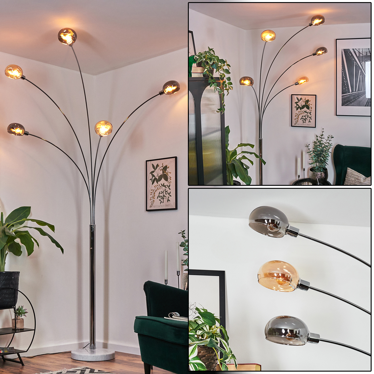 Eine moderne Stehlampe mit mehreren gebogenen Armen, die jeweils ein rundes Licht halten. Der Raum hat Dekorationen, Pflanzen und einen grünen Sessel.