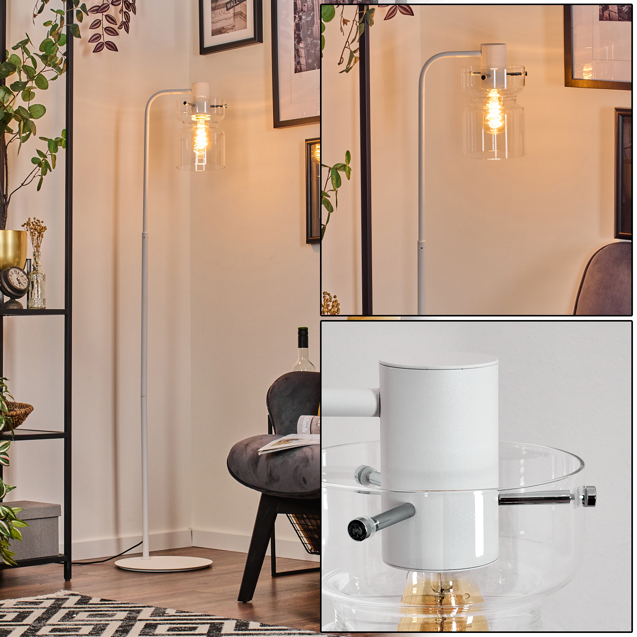 Eine weiße Stehlampe mit Glasschirm und sichtbarer Glühbirne steht in einem Raum mit Stuhl, Kunst und Pflanzen.