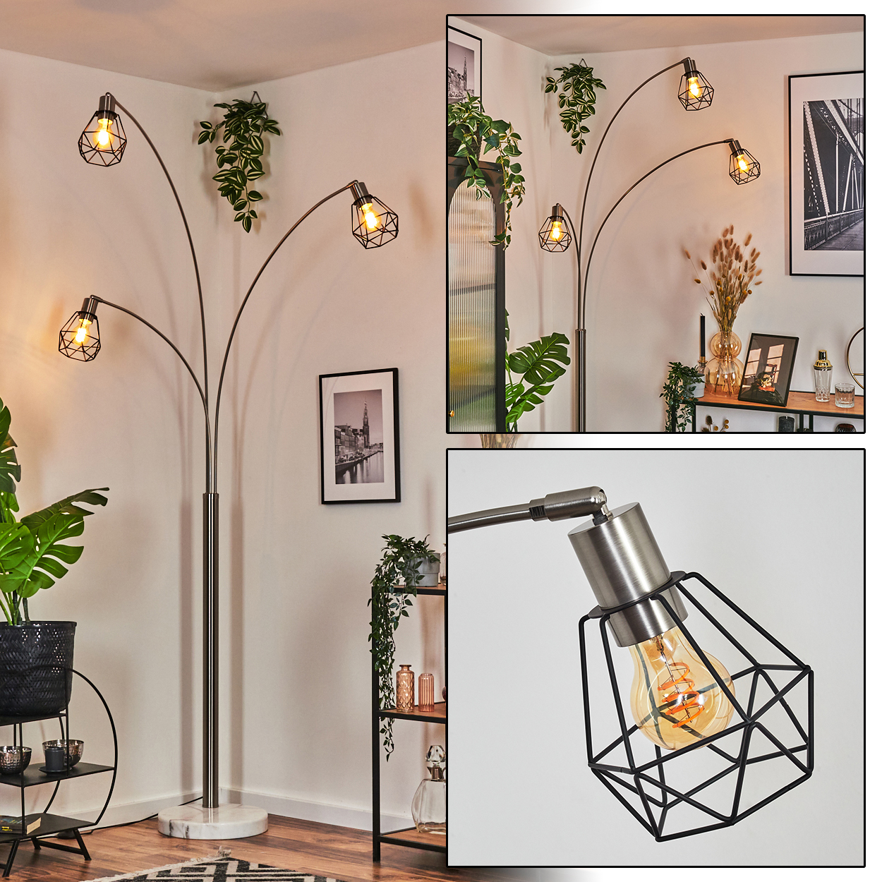 Eine moderne Stehlampe mit drei Lichtern, schwarzen Metallkäfigen und warmen Glühbirnen. Pflanzen und gerahmte Kunstwerke umgeben sie.