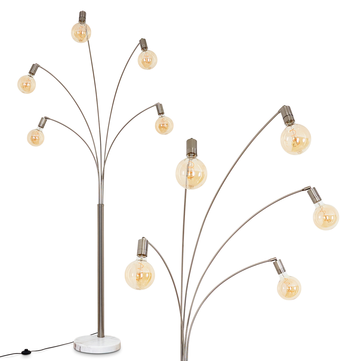 Eine moderne Stehlampe mit mehreren gebogenen Armen, die jeweils eine runde, warm getönte Glühbirne halten. Der Sockel ist aus Marmor, mit einem schwarzen Netzkabel.