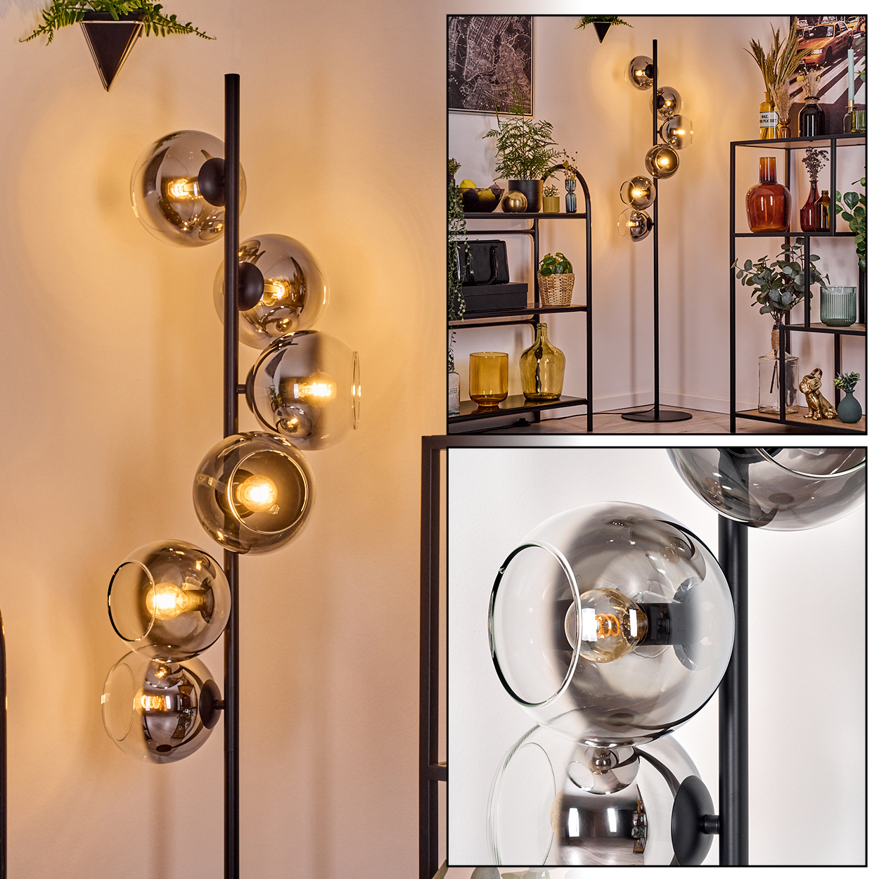 Moderne Stehlampe mit mehreren Glaskugeln. Im Hintergrund Regale mit Vasen und Pflanzen. Die Lampe ist schwarz.