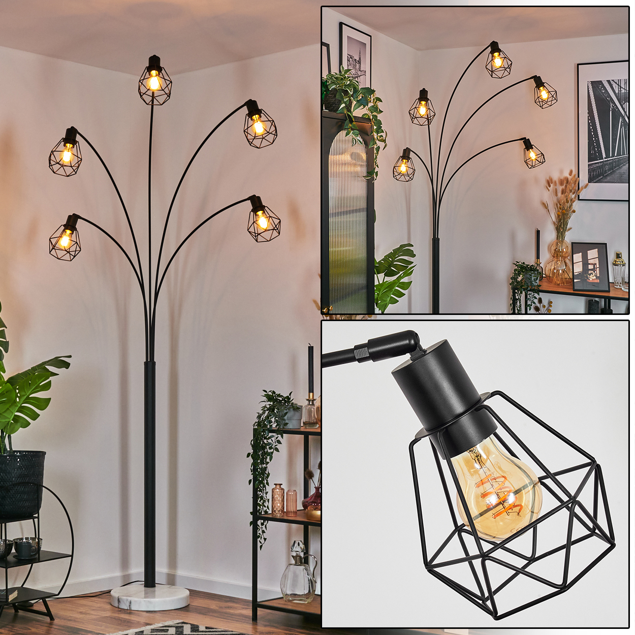 Eine schwarze Stehlampe mit sechs Lichtern. Jedes Licht hat ein Käfigdesign. Die Lampe steht auf einem Marmorsockel. Pflanzen und Dekoration umgeben sie.