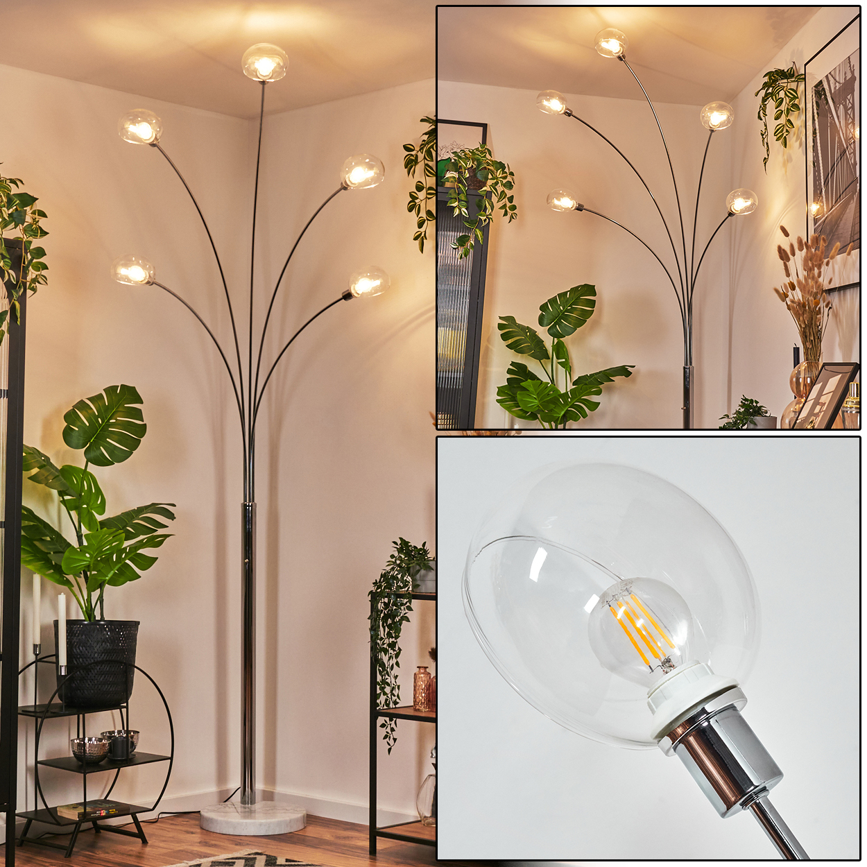 Eine moderne Stehlampe mit sechs klaren Glaskugelschirmen. Die Lampe steht in einem Raum mit Pflanzen und Regalen.