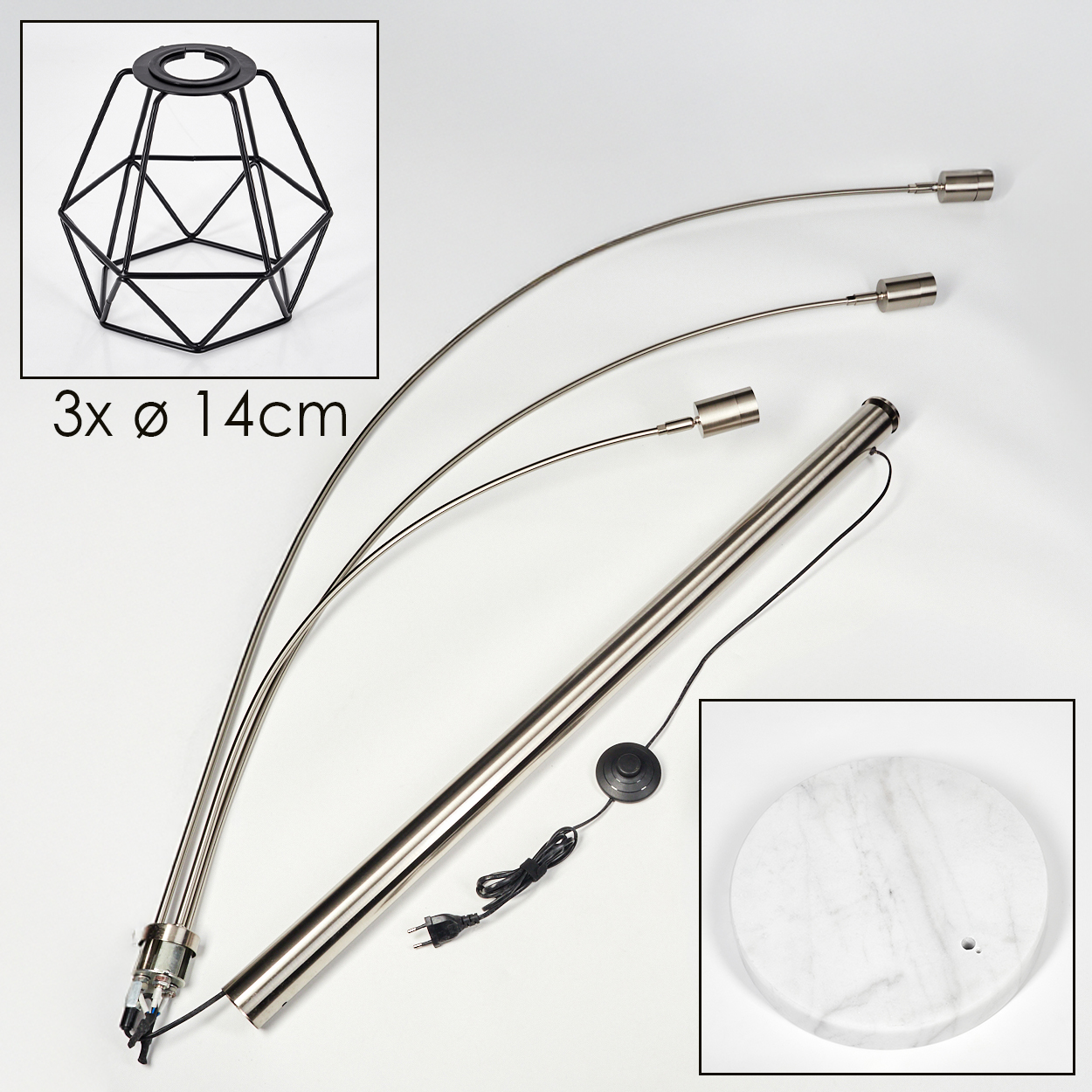 Zerlegte Stehlampe mit drei Köpfen, schwarzem Schirm und Marmorsockel, Teile auf weißer Oberfläche angeordnet.