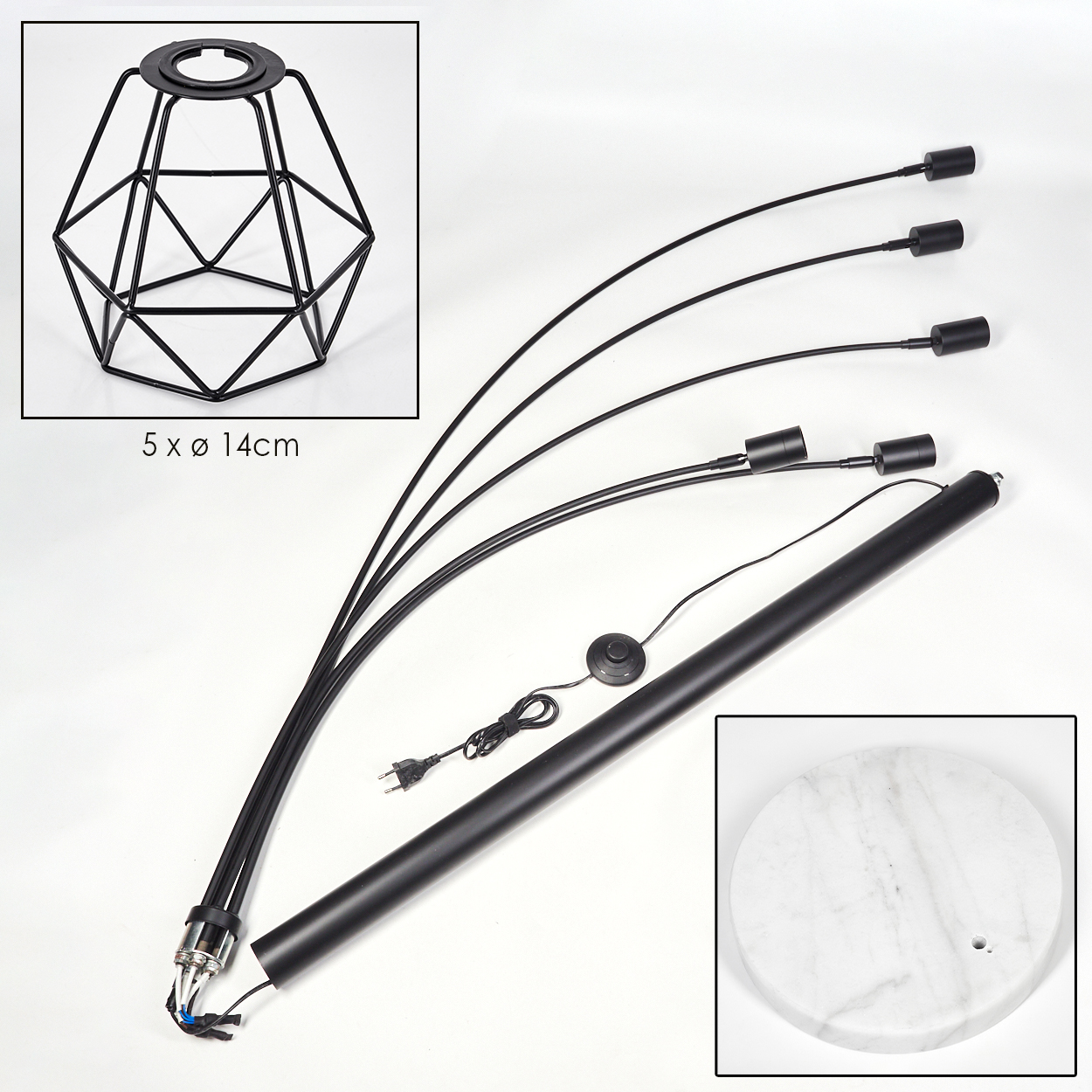 Zerlegte schwarze Stehlampe. Enthält Lampenschirmrahmen, mehrere gebogene Arme, Sockel und Marmorsockel. Teile liegen auf weißem Untergrund.