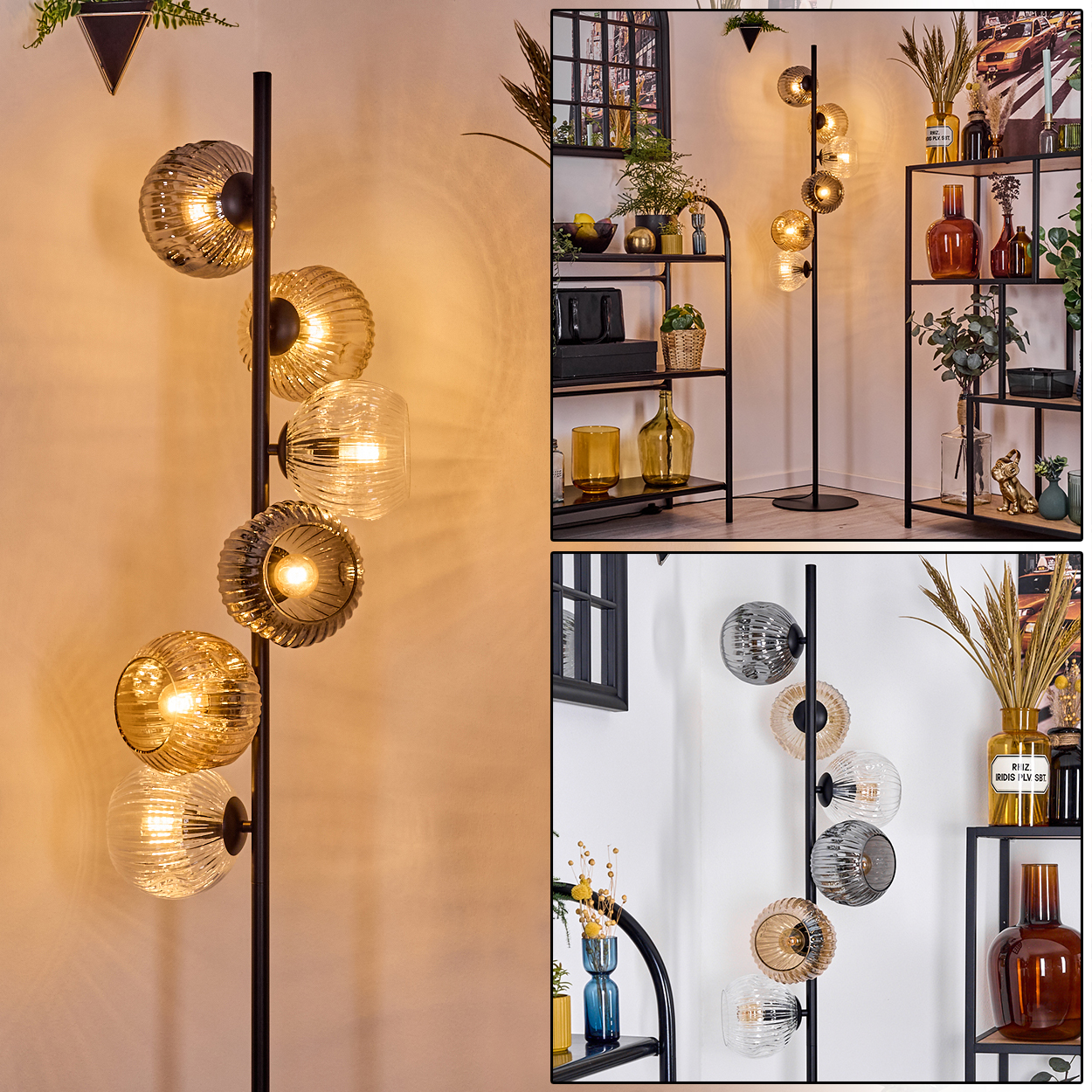 Eine moderne Stehlampe mit sechs kugelförmigen Schirmen. Sie befindet sich in einem Raum mit Regalen, Vasen und Dekorationsartikeln.