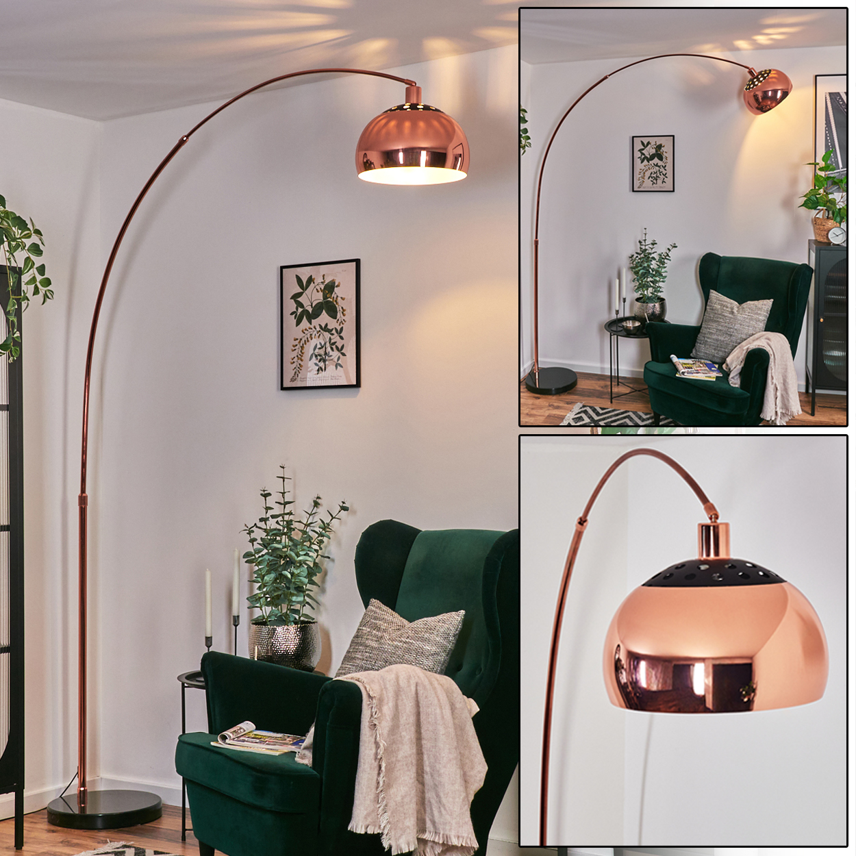 Eine kupferfarbene Bogenstehlampe beleuchtet einen grünen Sessel und einen gerahmten botanischen Druck. Auf dem Stuhl liegen eine beige Decke und Kissen.