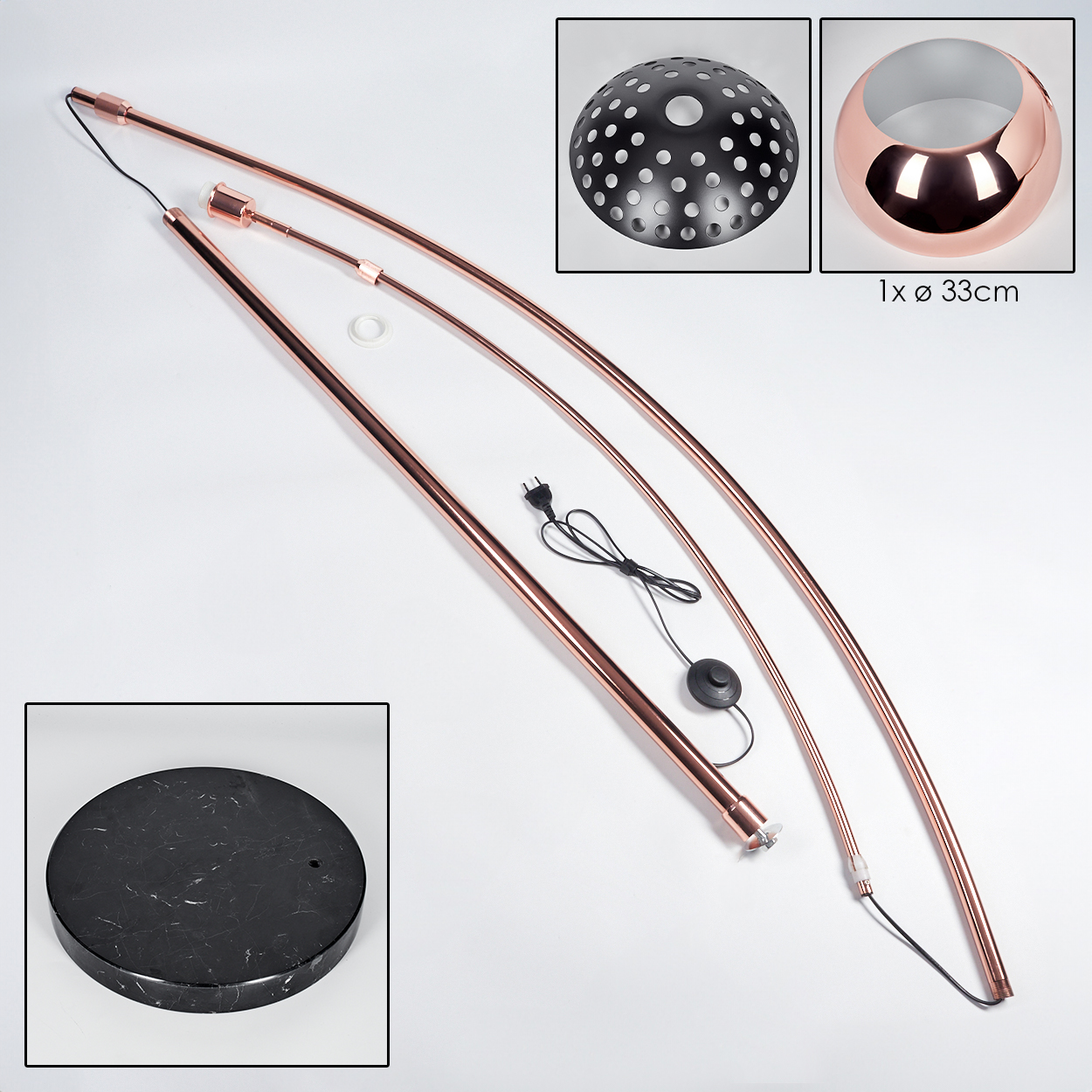Zerlegte Kupferlampenteile auf Weiß: gebogene Rohre, Sockel, Lampenschirm und Netzkabel. Der Lampenschirm hat einen Durchmesser von 33cm.