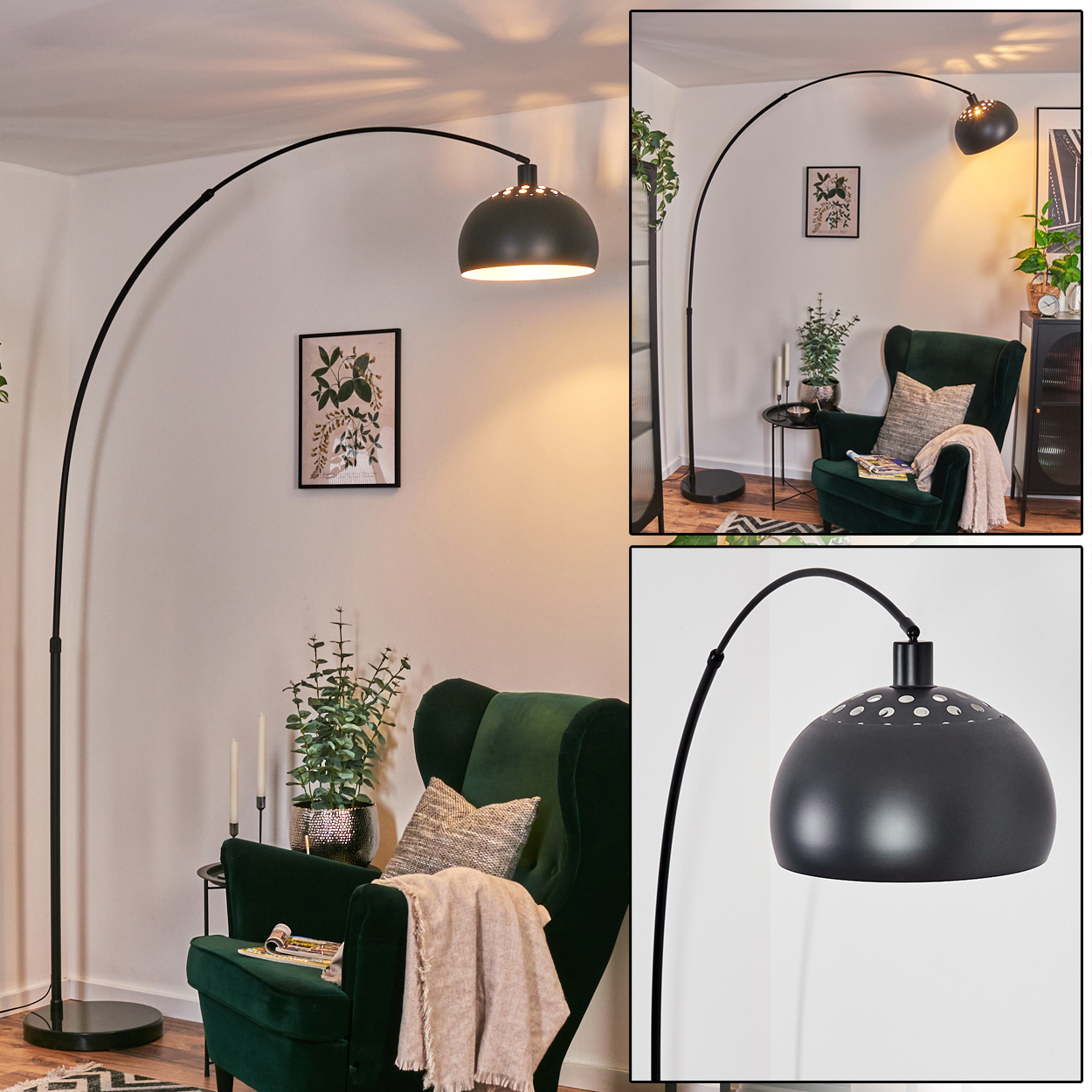 Eine schwarze Bogenstehlampe beleuchtet einen grünen Sessel und Dekorationen. Ein gerahmtes Bild hängt an der weißen Wand.