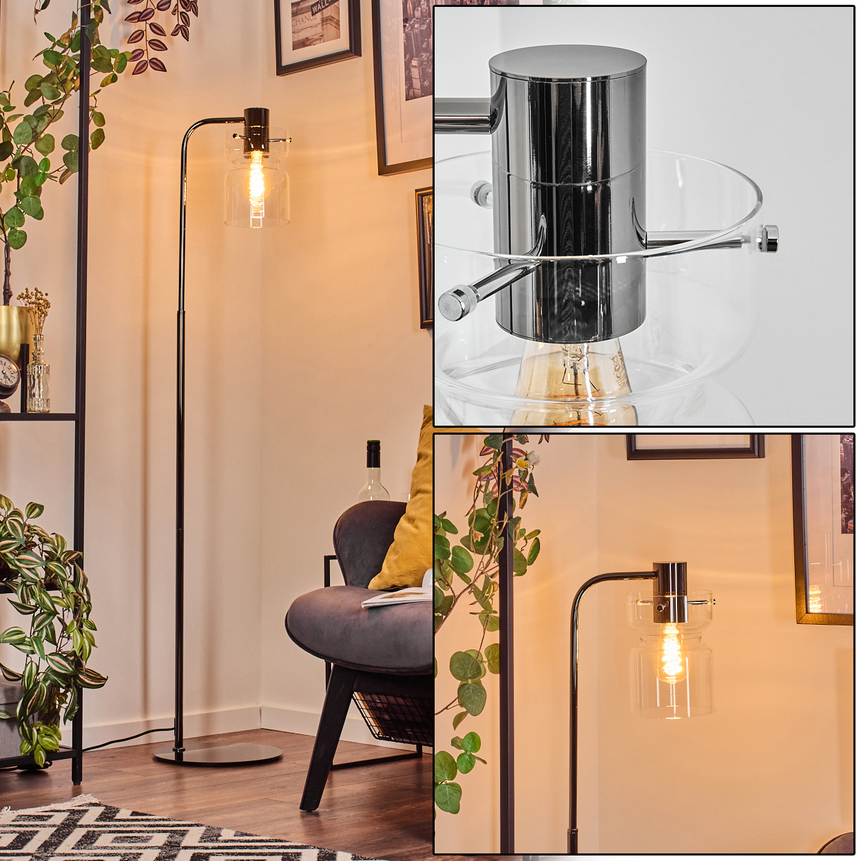 Eine moderne Stehlampe mit Glasschirm und sichtbarer Glühbirne steht in einem Raum. Es gibt einen Stuhl, Pflanzen und Kunst an der Wand.