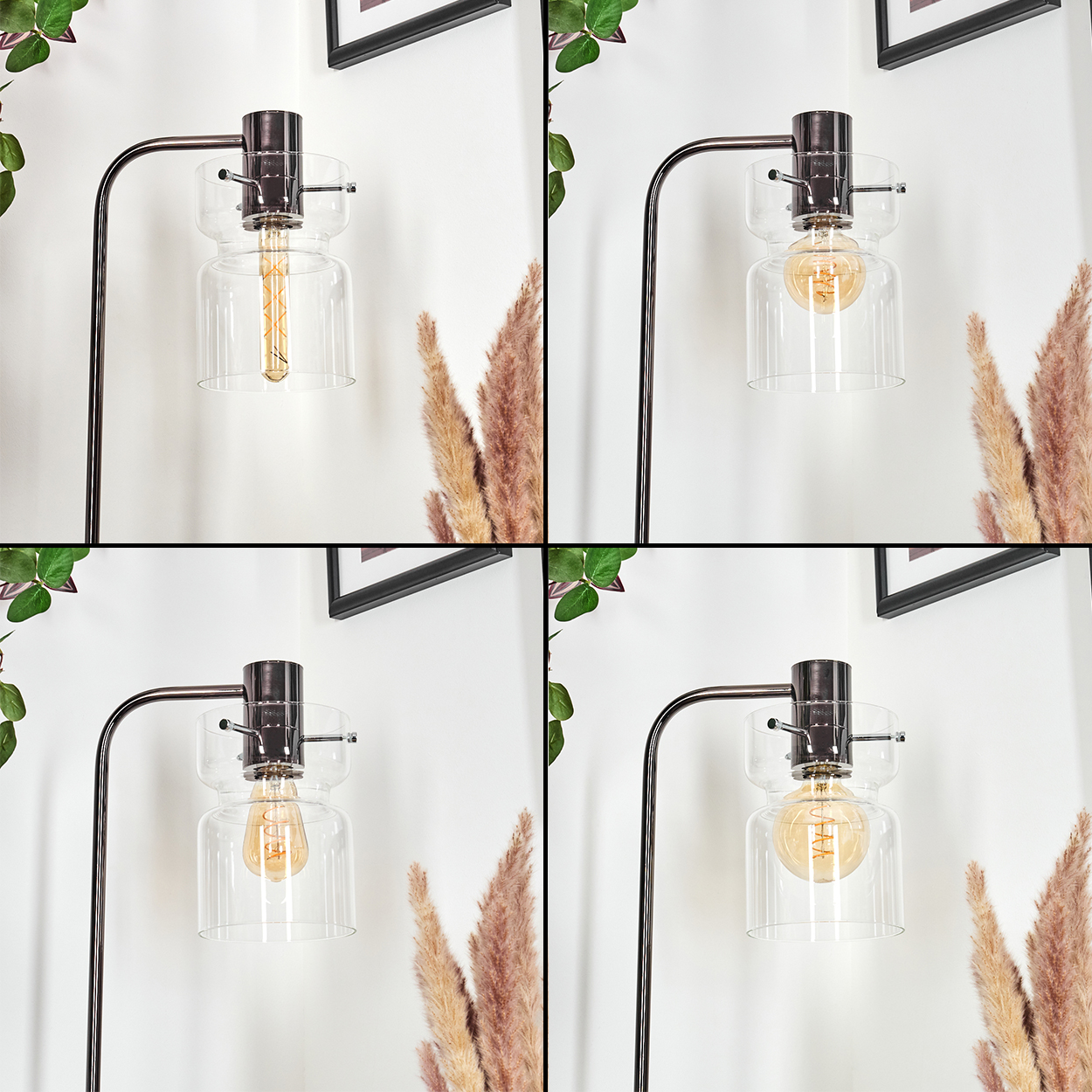 Vier Bilder einer Lampe mit klarem Glasschirm und Glühbirne. Die Lampe steht vor einer weißen Wand mit Dekoration.