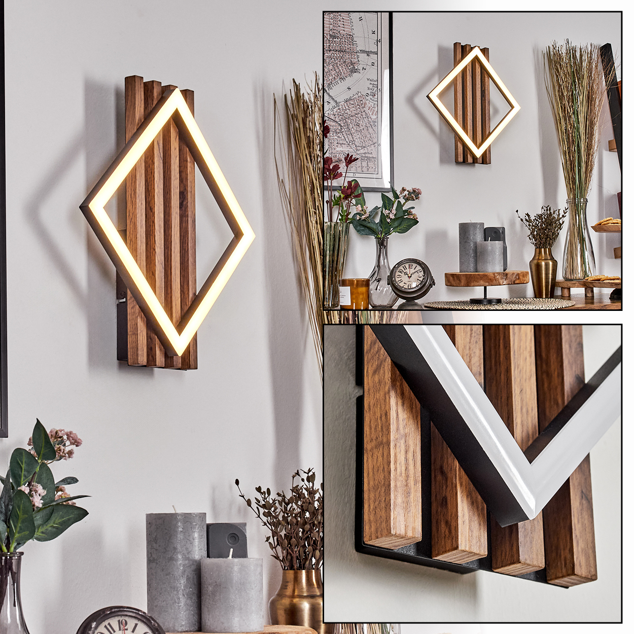 Eine moderne Wandleuchte mit rautenförmigem Licht ist auf einem Holzsockel montiert. Im Hintergrund befinden sich verschiedene Dekorationen.