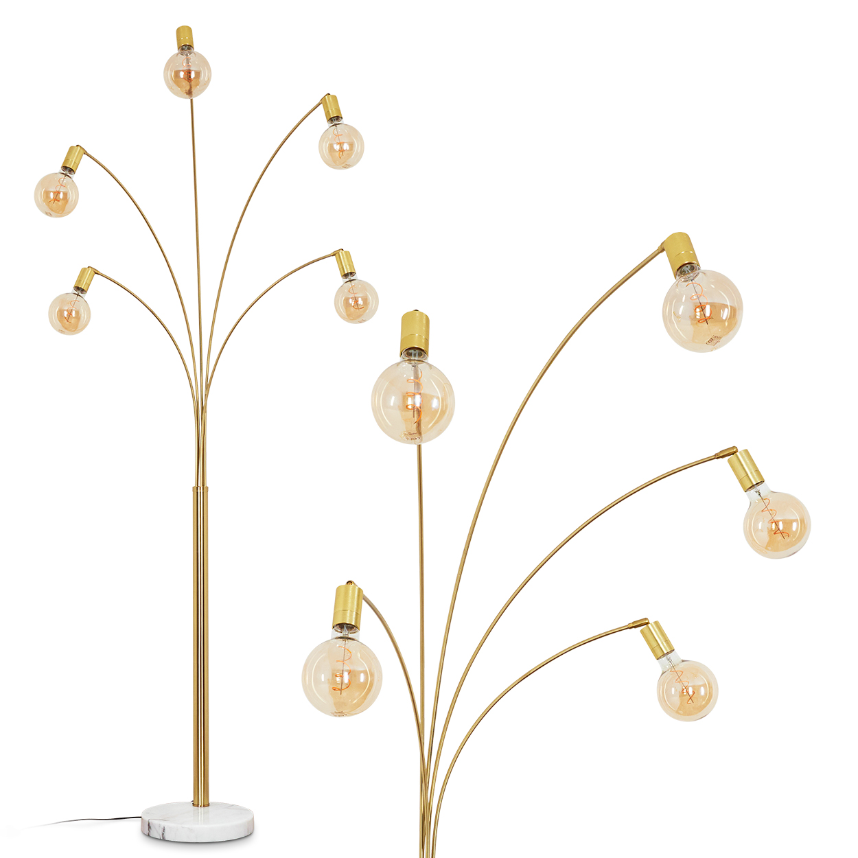 Zwei goldene Bogenlampen mit runden Glühbirnen. Eine Lampe steht auf Marmorsockel, die andere ist eine Nahaufnahme.