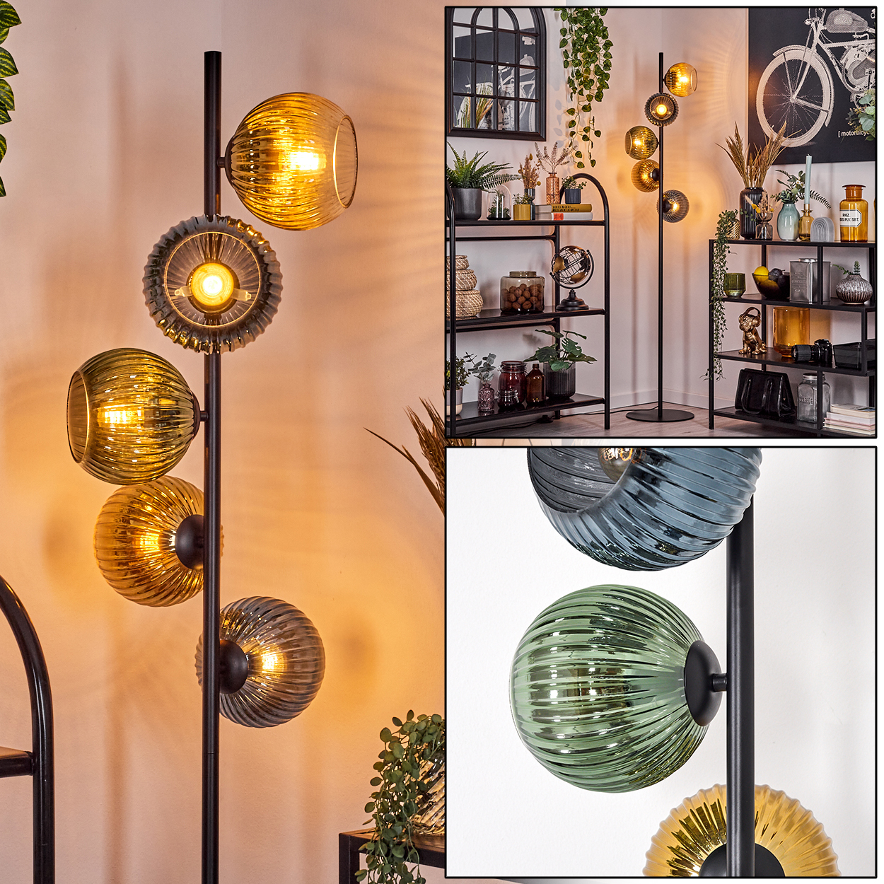 Eine Stehlampe mit Glaskugeln in verschiedenen Farben. Der Hintergrund zeigt Regale mit Dekorationen.