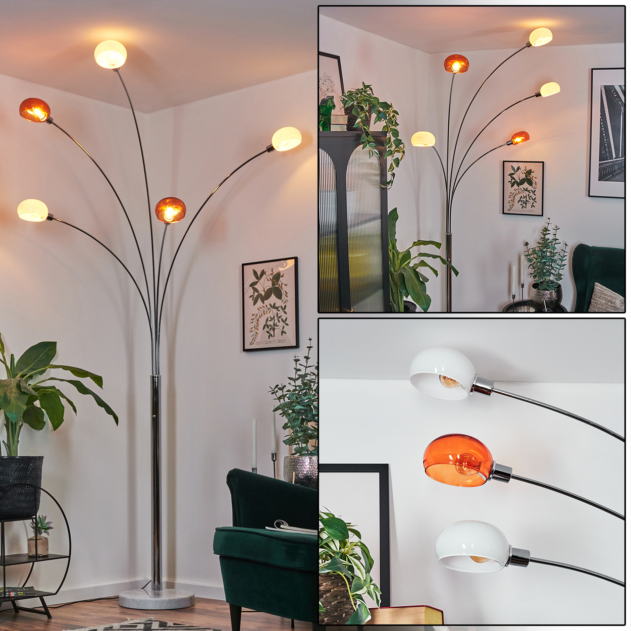 Eine moderne Stehlampe mit mehreren Köpfen. Einige sind weiß, andere orange. Sie steht in einem Raum mit Pflanzen, einem Stuhl und Kunstwerken.