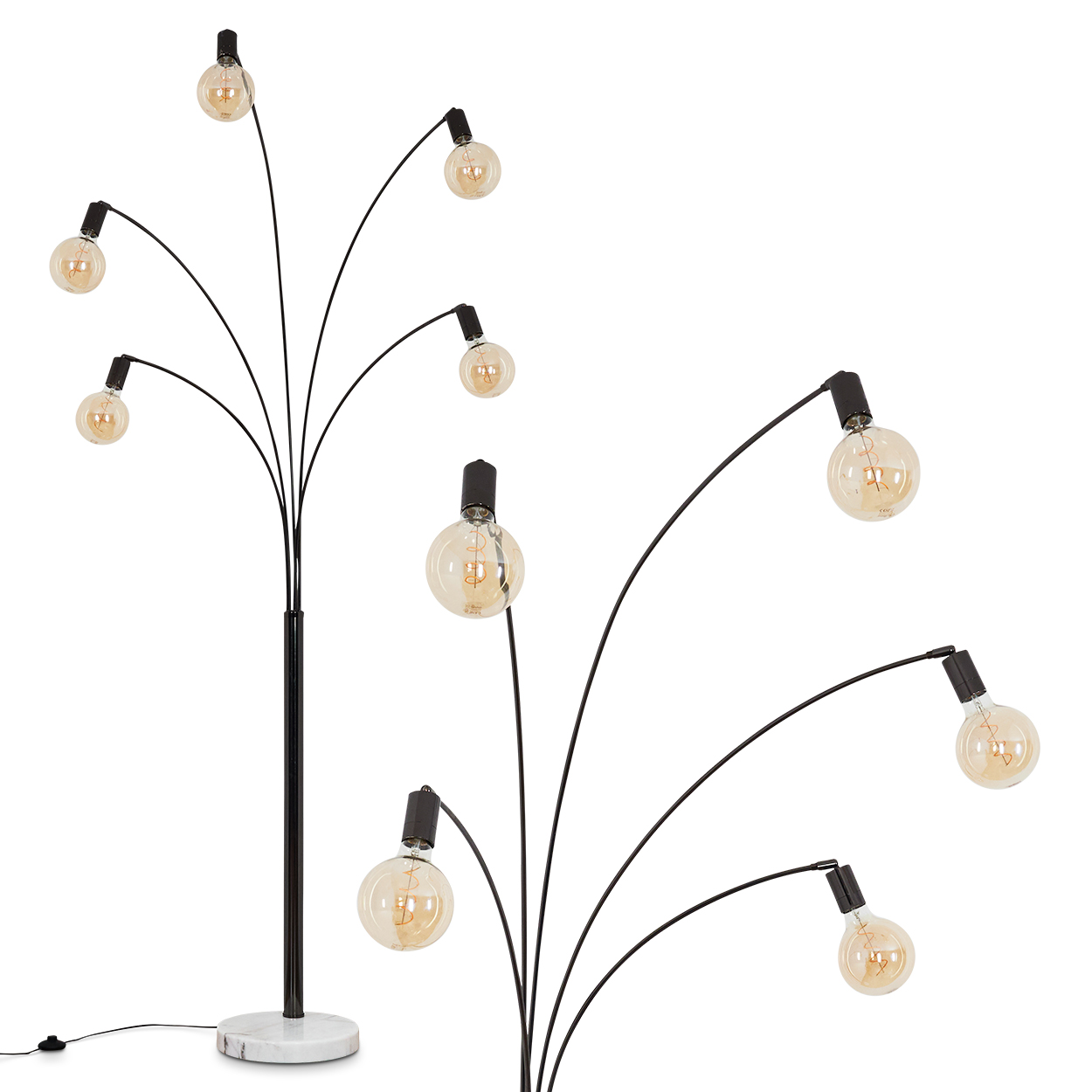 Eine moderne Stehlampe mit mehreren gebogenen Armen, die jeweils eine runde Glühbirne halten. Der Sockel ist aus Marmor, mit einem schwarzen Pfahl.