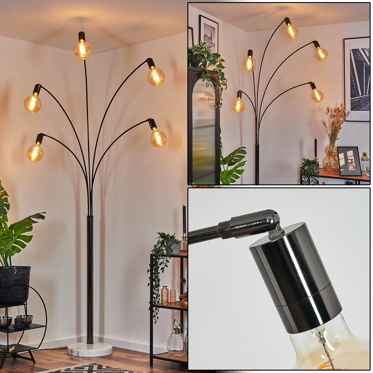 Eine moderne Stehlampe mit sechs Glühbirnen. Die Lampe ist schwarz mit Marmorsockel und steht in einem gut beleuchteten Raum.