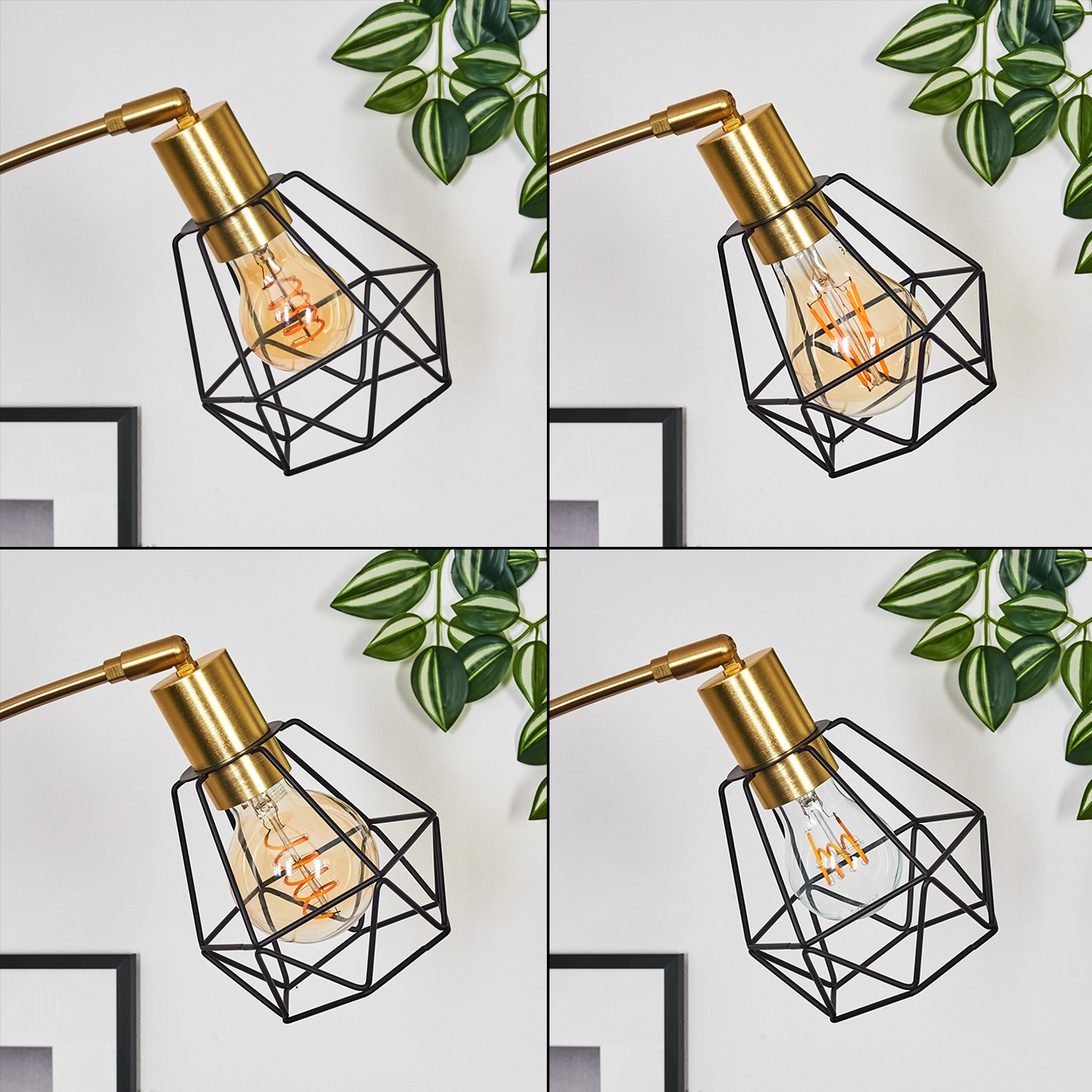 Vier Nahaufnahmen einer goldenen Lampe mit einem schwarzen Käfig um die Glühbirne. Grün-weiße Pflanzen im Hintergrund.