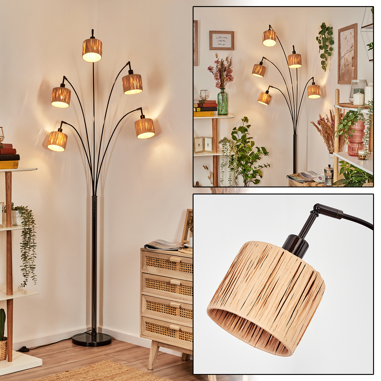 Eine Stehlampe mit sieben Schirmen. Die Schirme sind beige und das Gestell ist schwarz. Ein Holzschrank und Regale sind sichtbar.
