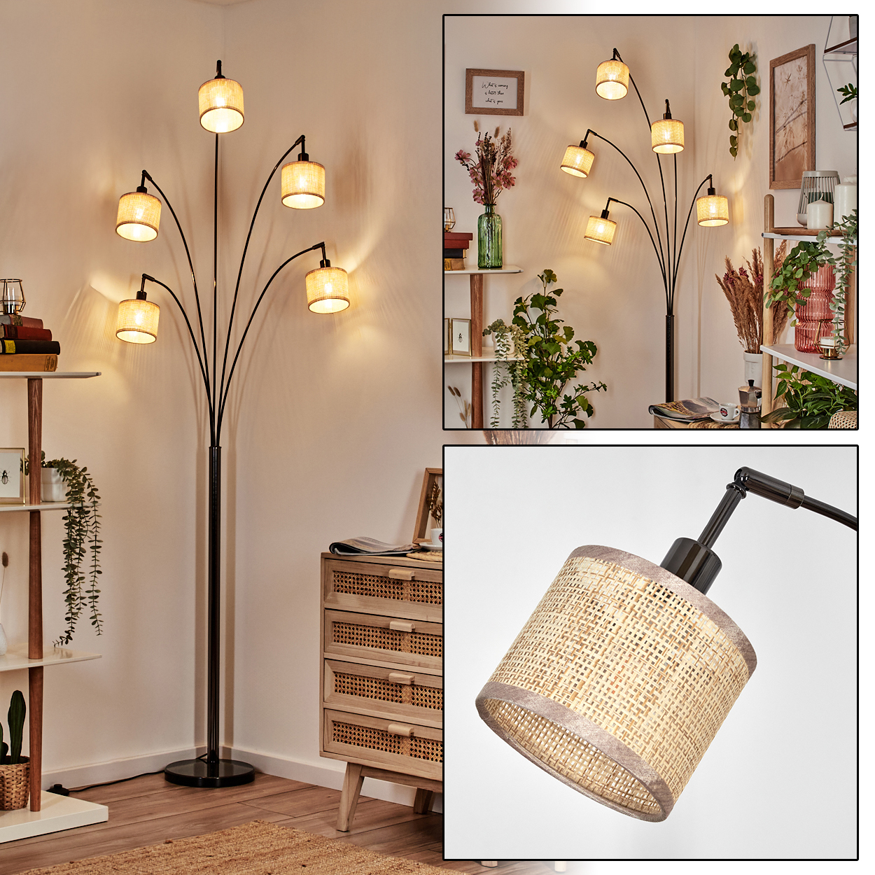 Eine hohe, schwarze Stehlampe mit sieben Lampenschirmen, Korblampenschirmen, steht in einem Raum mit Regalen, Pflanzen und einer Holzkommode.