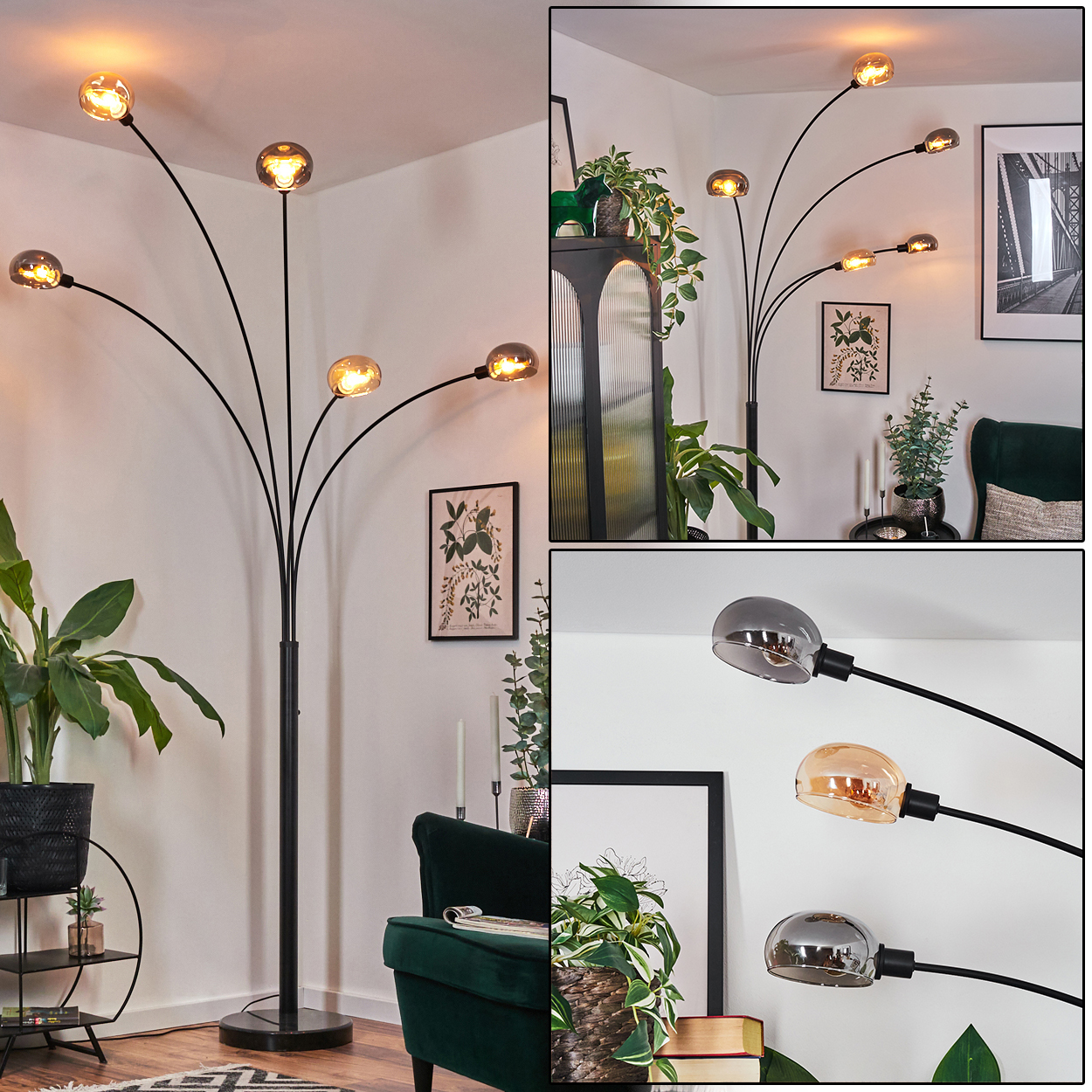 Eine moderne Stehlampe mit mehreren gebogenen Armen, die jeweils eine Kugelleuchte tragen. Die Szene umfasst Pflanzen, einen grünen Sessel und Kunstwerke.