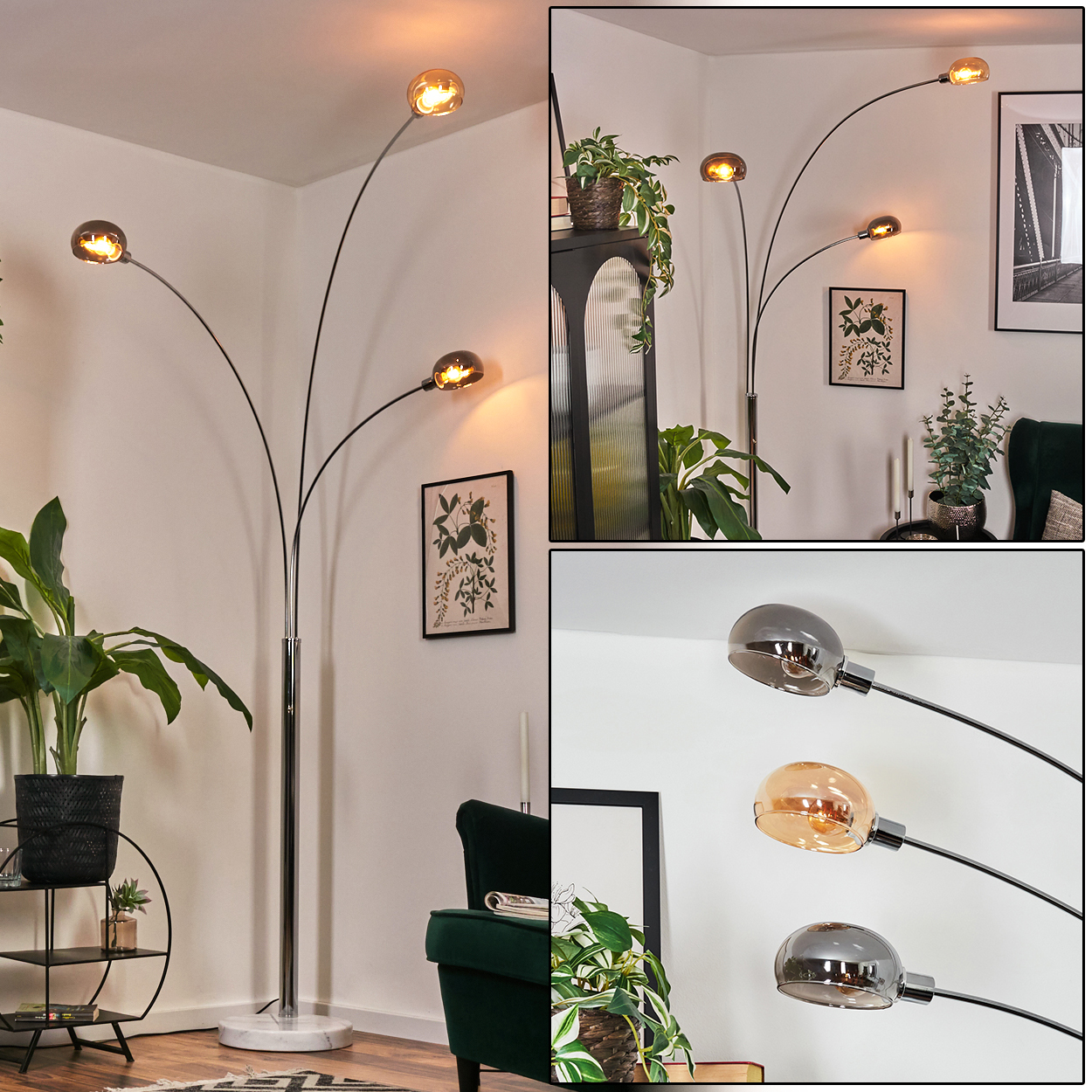 Eine moderne Stehlampe mit drei gebogenen Armen, jede mit einer kugelförmigen Leuchte. Der Raum hat Pflanzen, Kunstwerke und einen grünen Sessel.