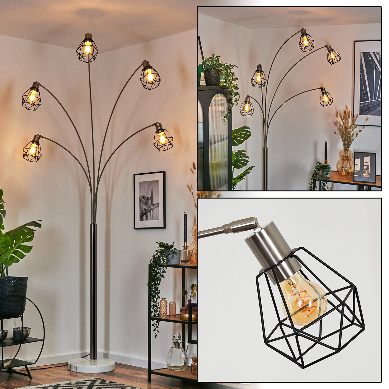Eine moderne Stehlampe mit sechs Lichtern. Jedes Licht hat einen schwarzen geometrischen Schirm. Der Hintergrund zeigt Dekoration und ein gerahmtes Bild.