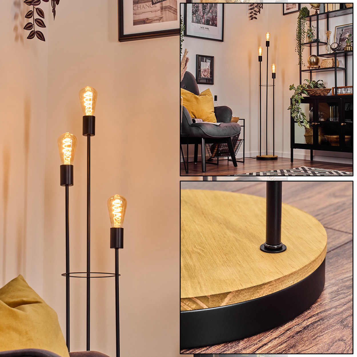 Eine moderne Stehlampe mit drei Edison-Glühbirnen. Ein gelbes Kissen ist sichtbar. Der Hintergrund zeigt einen Raum mit Dekor und Möbeln.