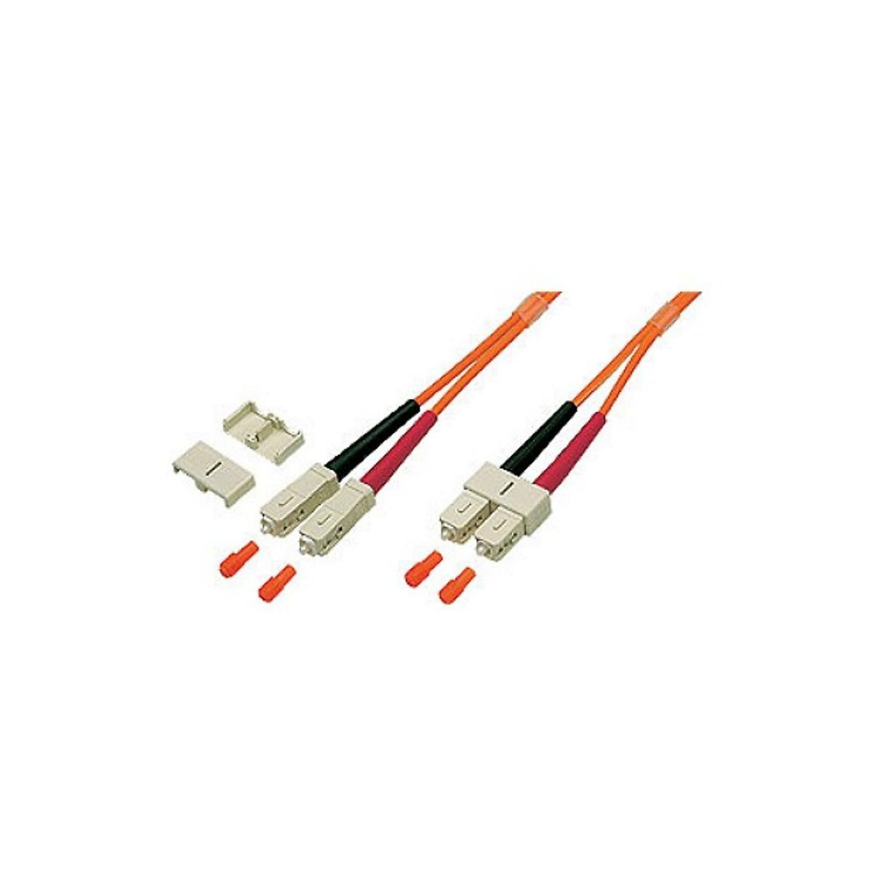 Due cavi in fibra ottica con connettori beige, isolamento rosso e nero, cavi arancioni e cappucci protettivi arancioni.