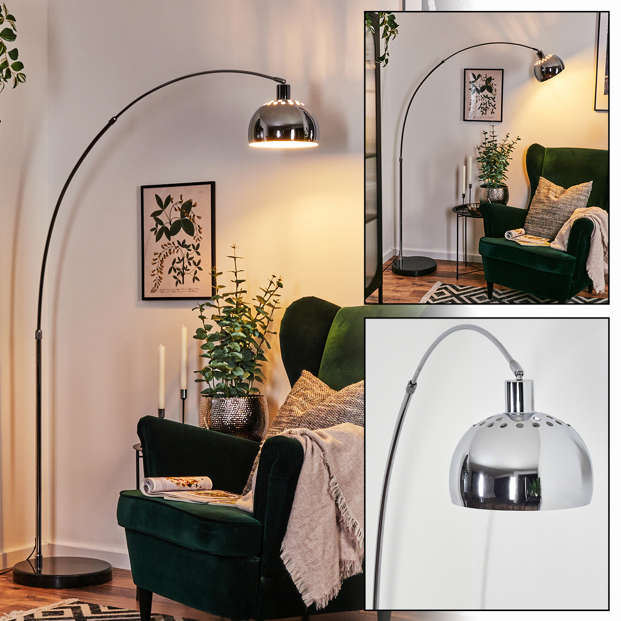 Ein modernes Wohnzimmer mit einer großen Bogenlampe, einem grünen Sessel und Kunst an der Wand. Auf dem Stuhl liegt eine Decke.