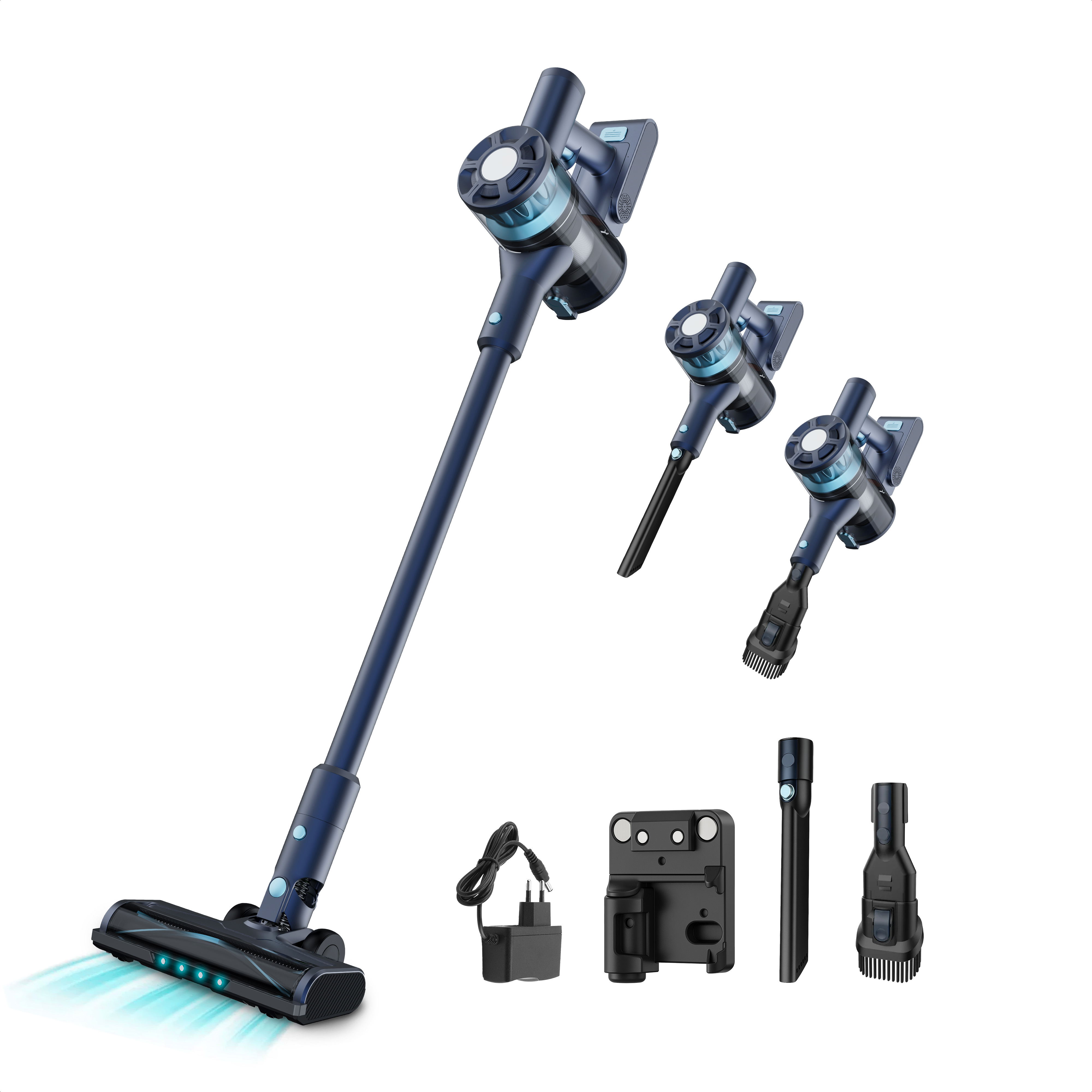 Een draadloze stofzuiger met opzetstukken. Hij is blauw en zwart op een witte achtergrond. Accessoires zijn ook zichtbaar.