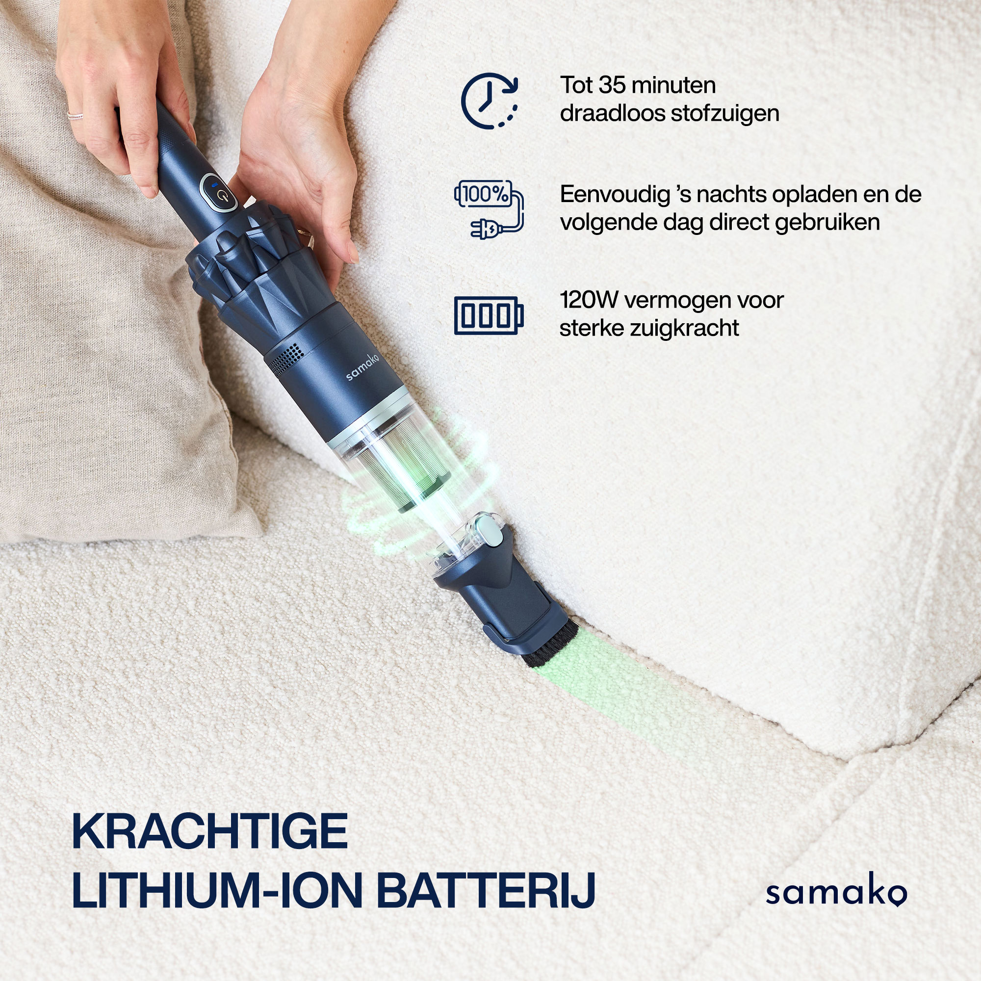 A handheld vacuum cleaner is shown on a white surface. Details include battery life, power, and ease of use.