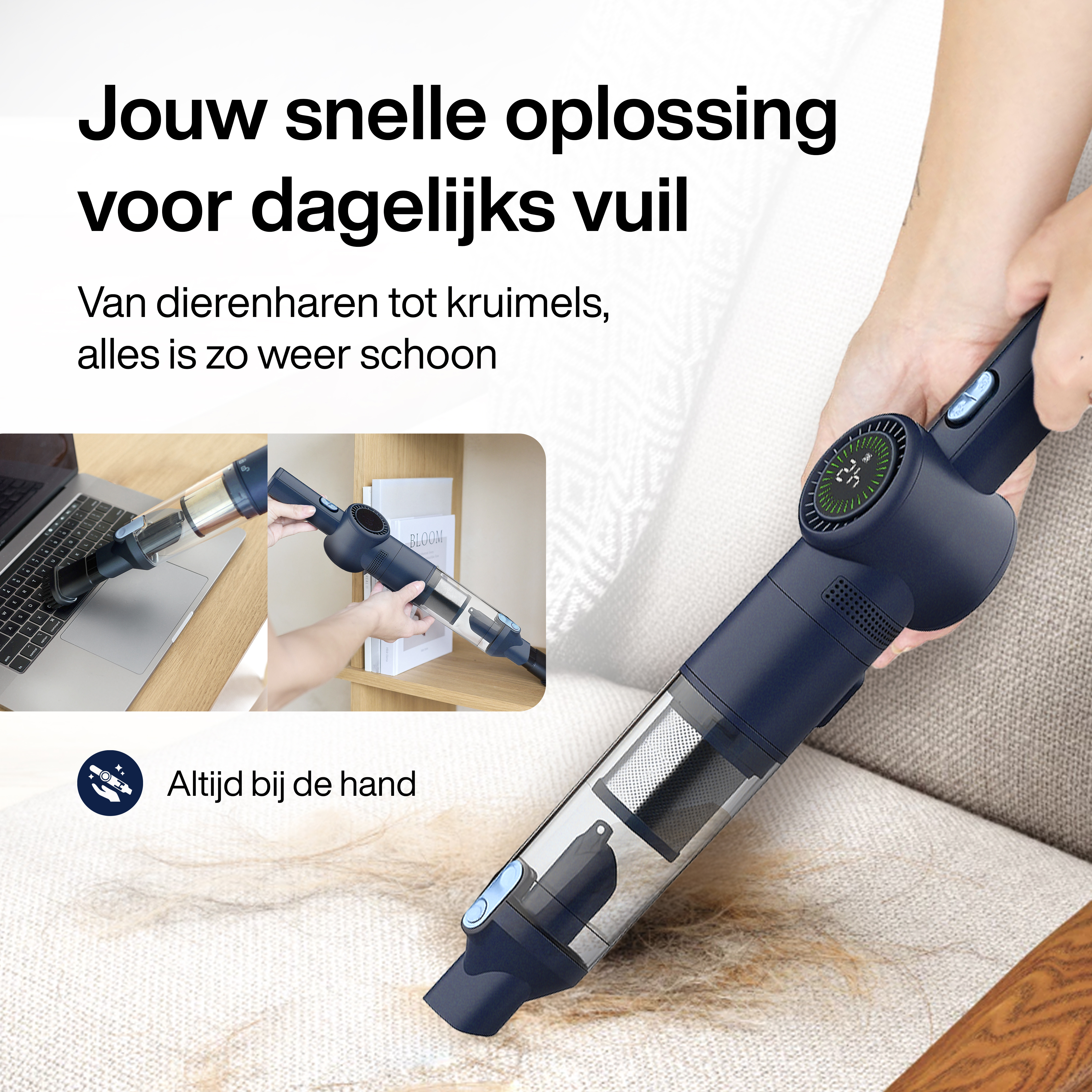 Een draagbare stofzuiger maakt een bank schoon. De afbeelding heeft tekst in het Nederlands en toont details van de stofzuiger.