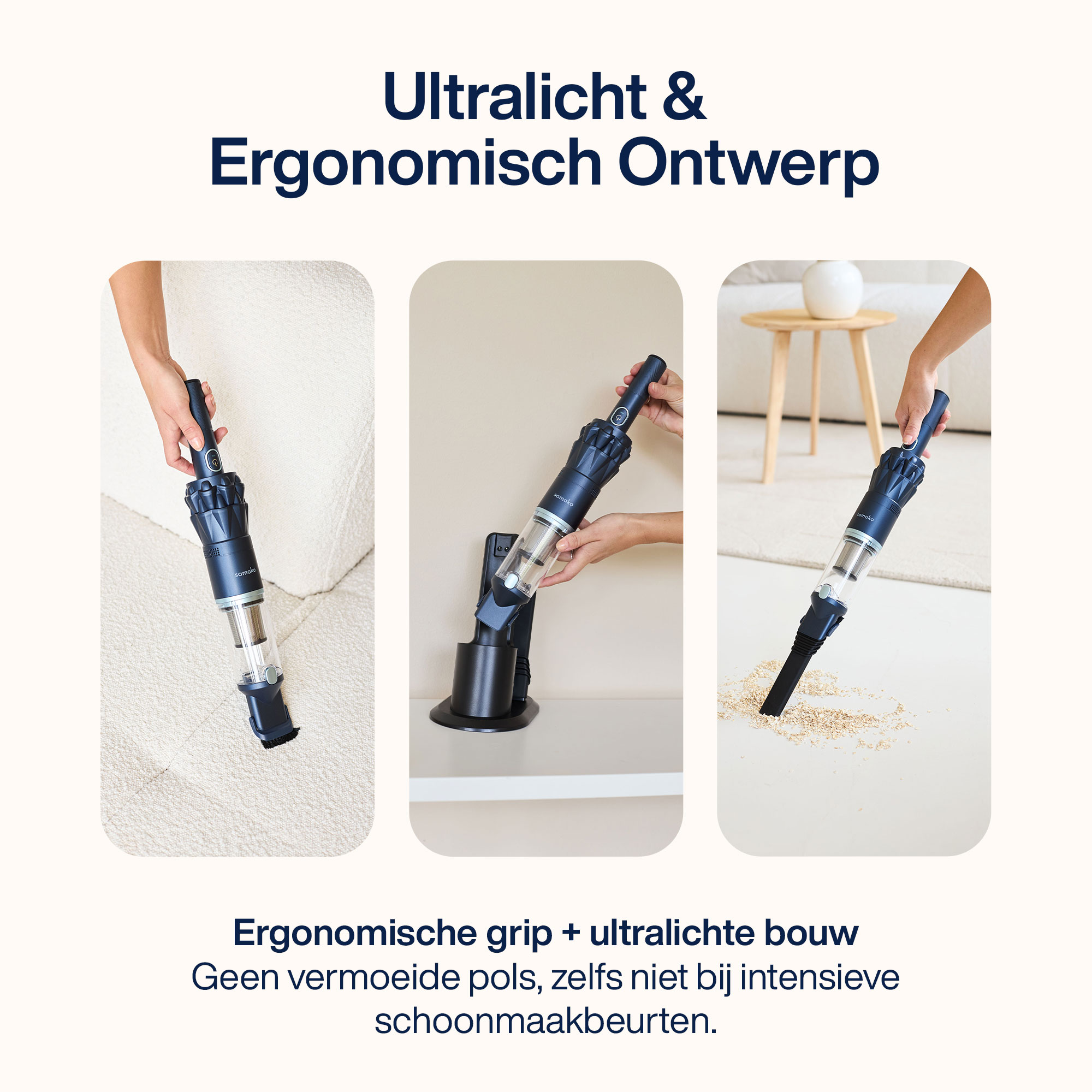 Image shows a vacuum cleaner in three different scenarios: on a couch, on a stand, and cleaning a floor.