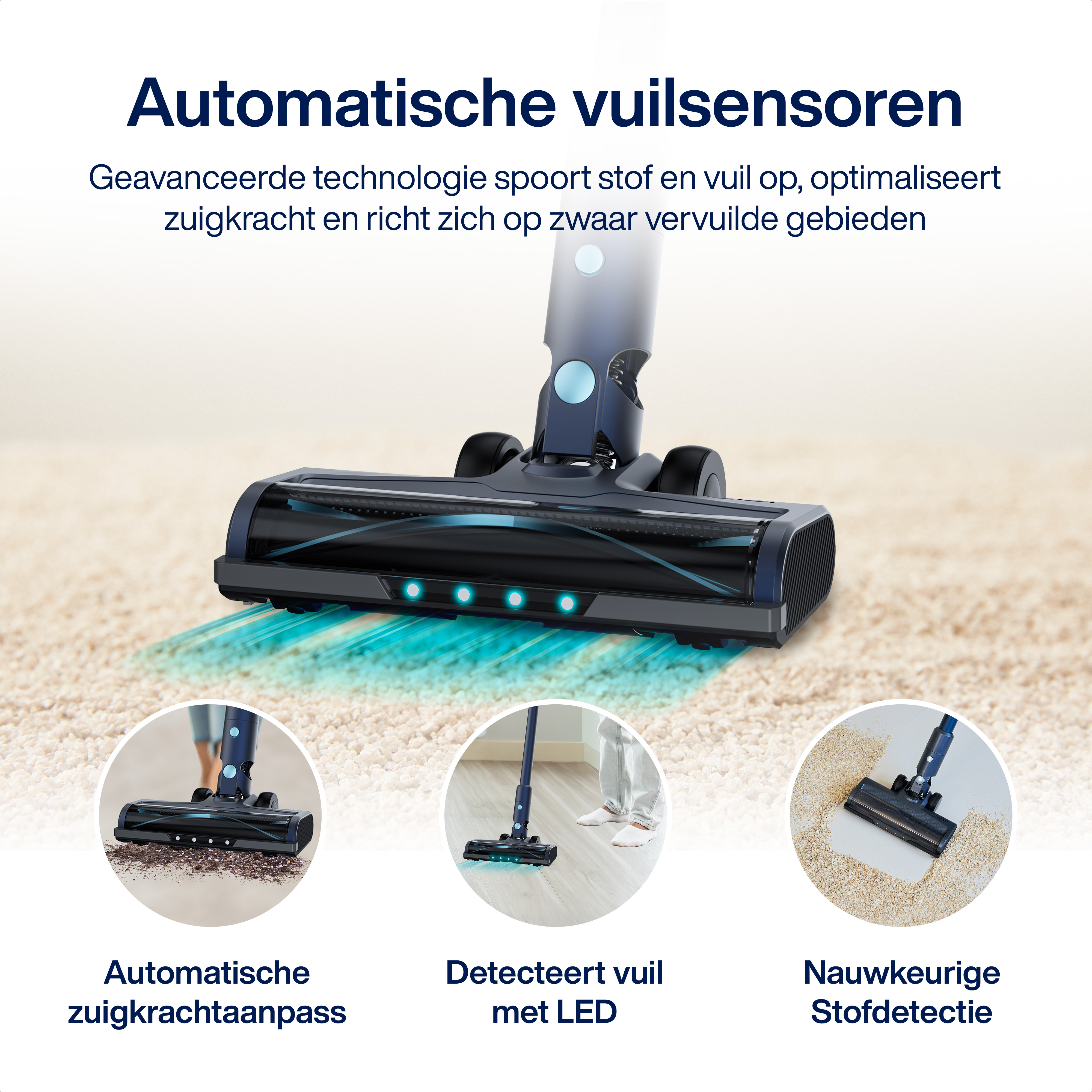 Een stofzuiger met blauwe lampjes op tapijt. Drie kleinere afbeeldingen tonen functies.