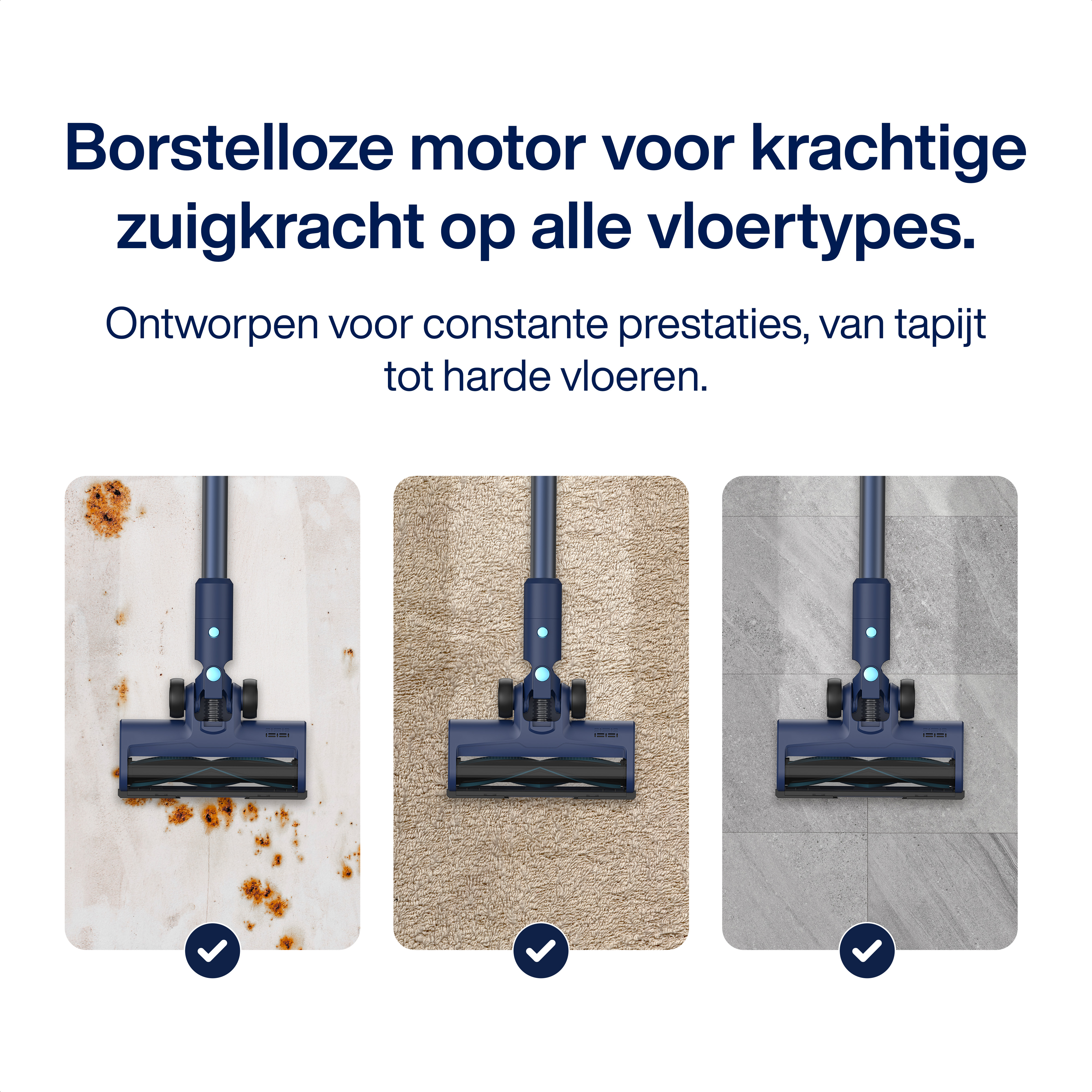 Afbeelding toont drie vloertypes met een stofzuiger. Het toont de prestaties van de stofzuiger op verschillende oppervlakken.