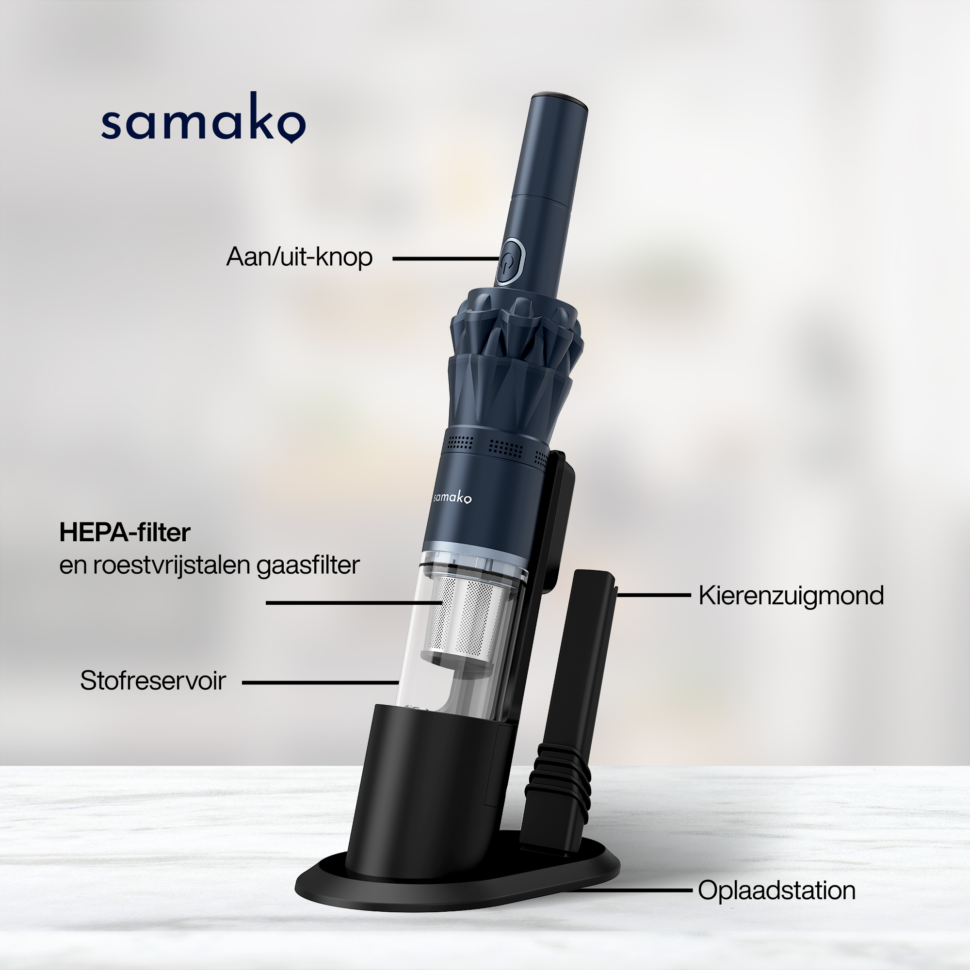 A dark blue samako vacuum cleaner with a HEPA filter, dust reservoir, and charging station. Labels point to parts.