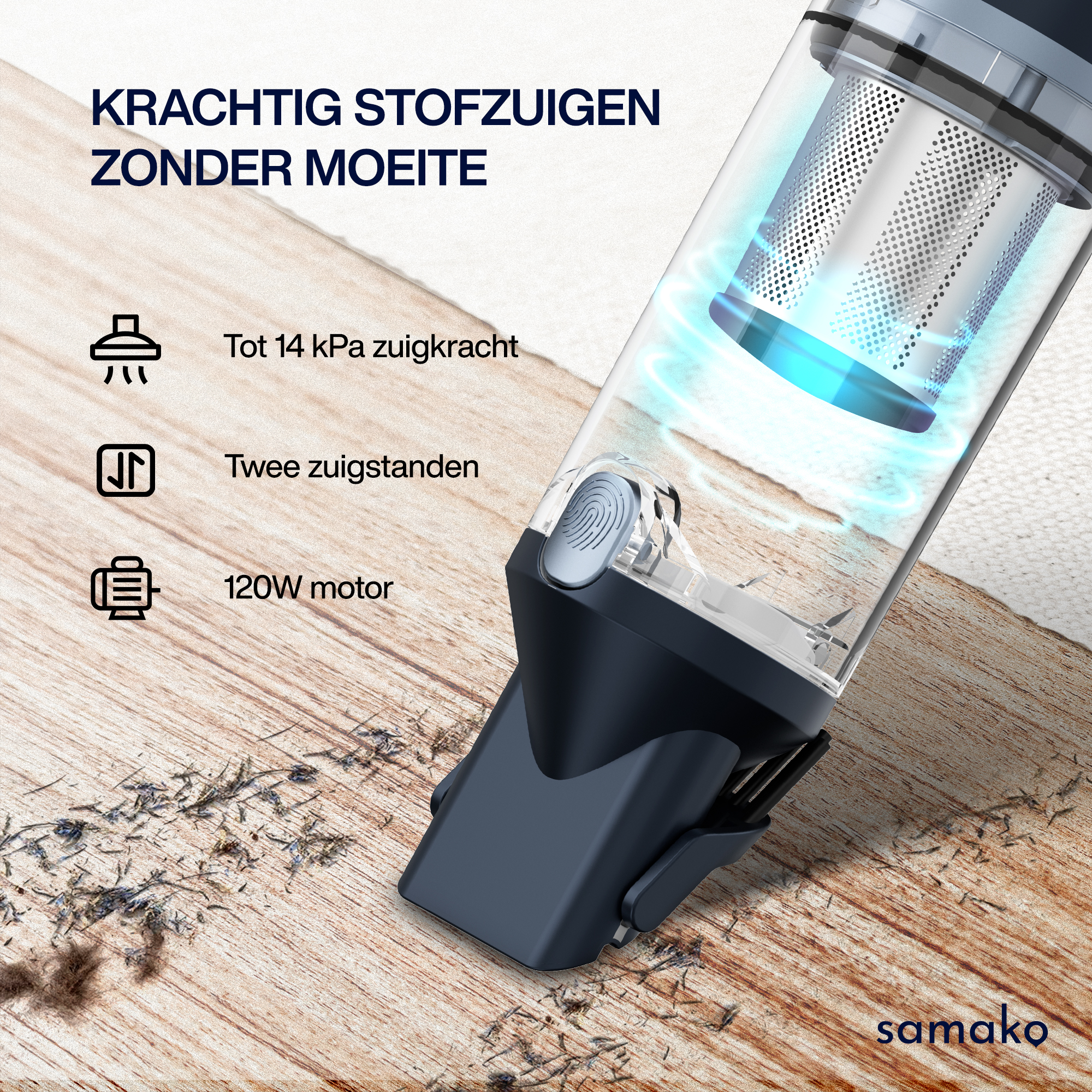 A handheld vacuum cleaner is on a wooden surface. Text displays specifications and the brand name.
