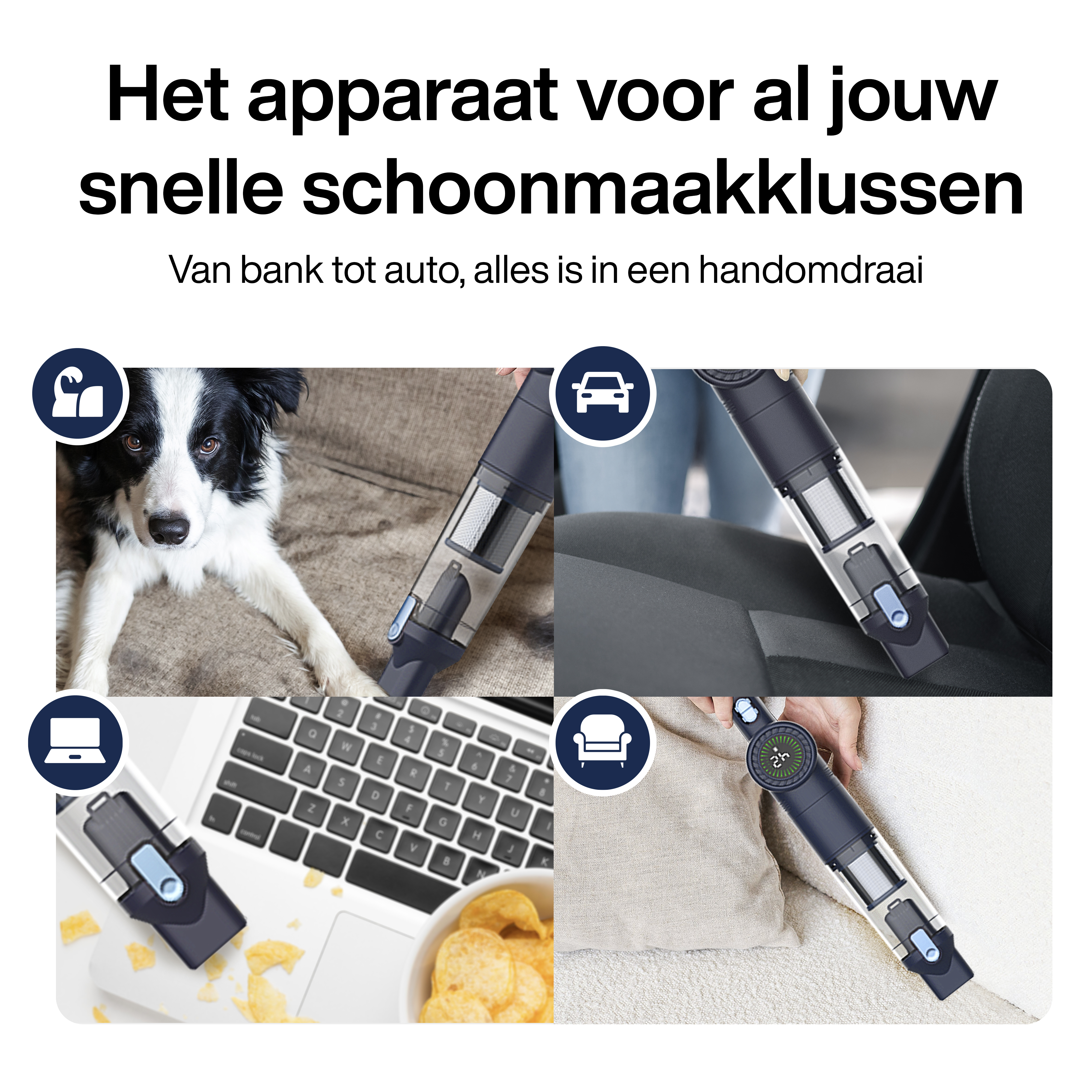 Afbeelding toont een stofzuiger die wordt gebruikt op een hond, autostoel, laptop met chips en een bank.
