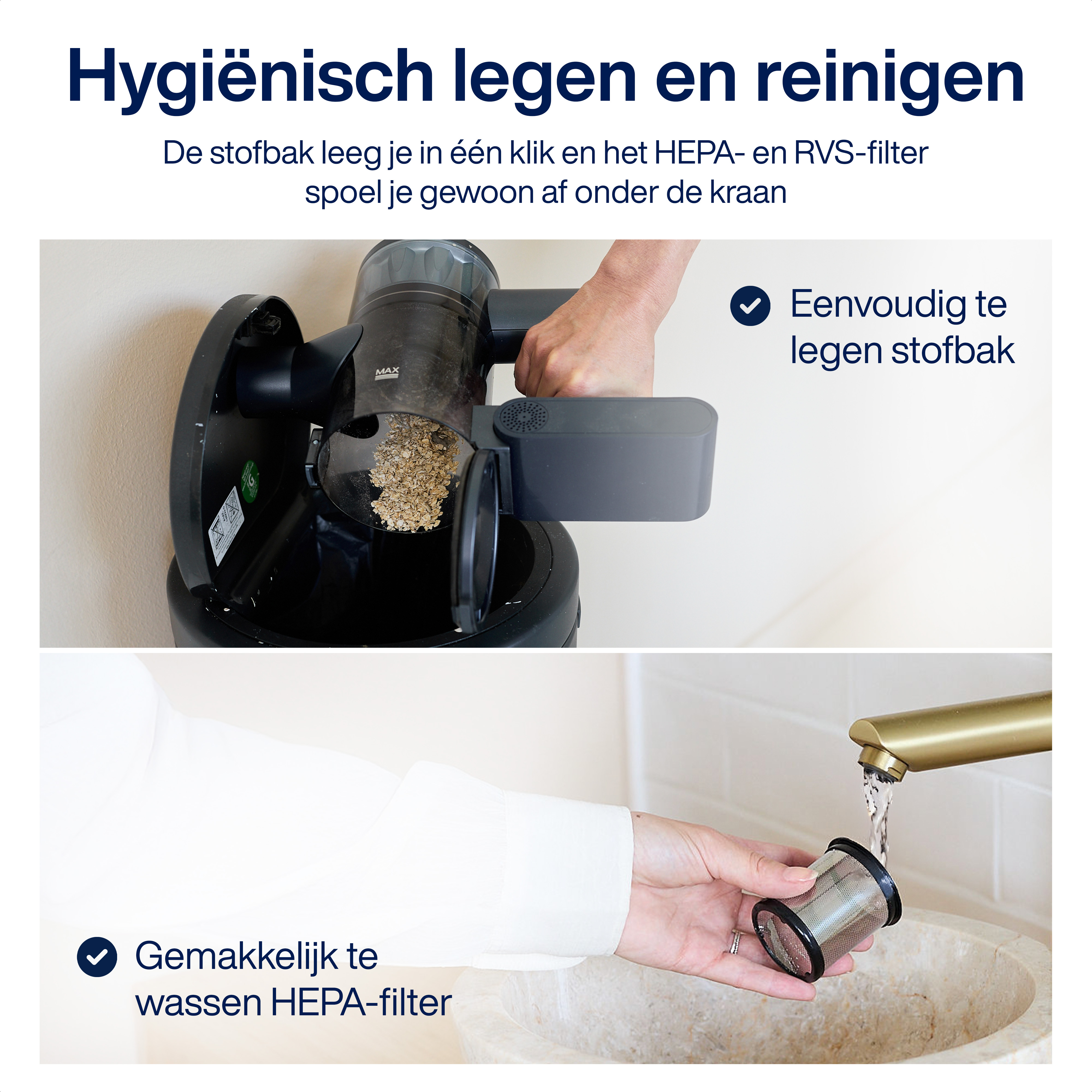 Een stofzuiger wordt geleegd. Een hand houdt de container boven een gootsteen. Een filter wordt gespoeld.