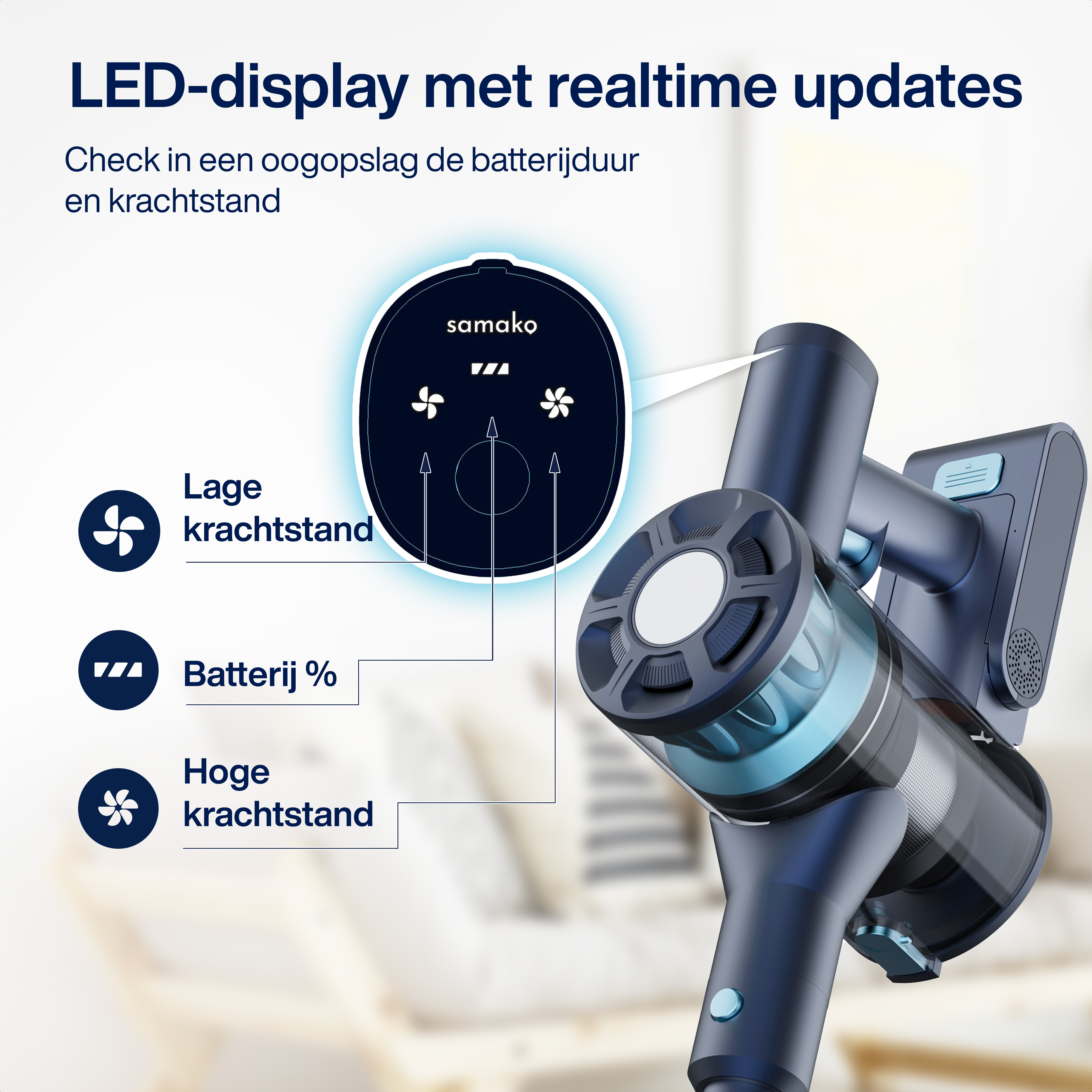 Een donkerblauwe stofzuiger met een LED-display dat batterij- en vermogensniveaus toont op een vage achtergrond.