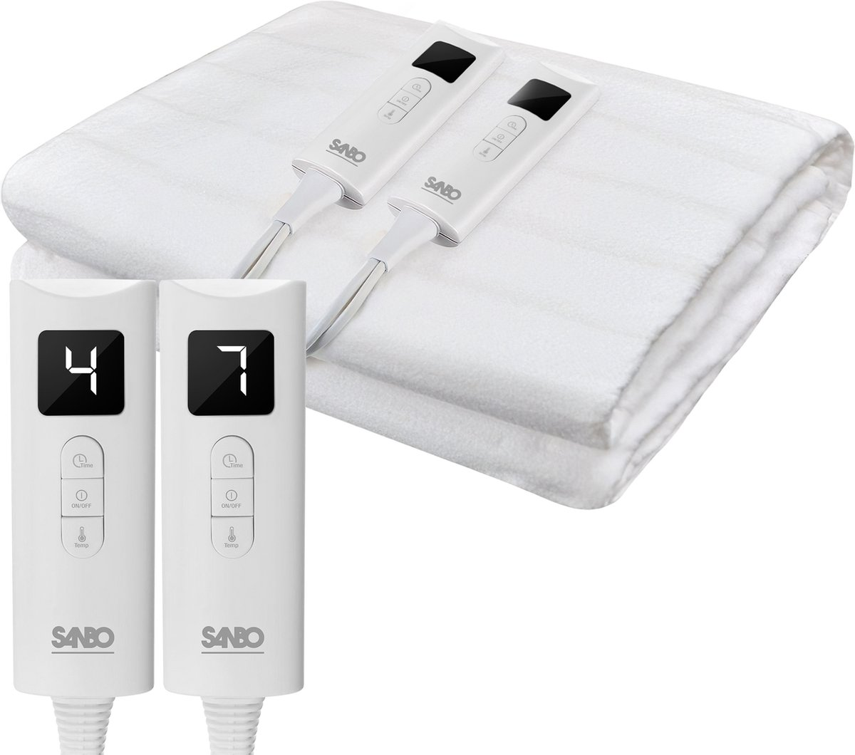 A white electric blanket with two controllers. Each controller shows a number, 4 and 7, and has buttons for time, on/off, and temp.
