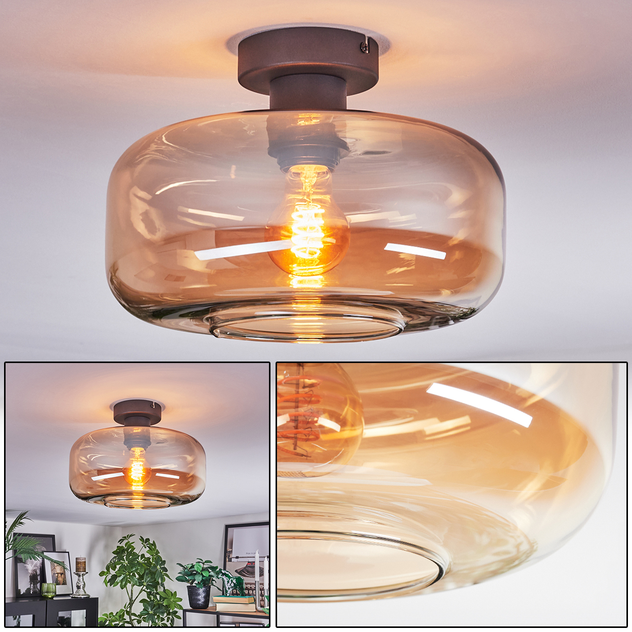 Eine moderne Deckenlampe mit braunem Sockel und Glasschirm. Eine warme Glühbirne ist darin.